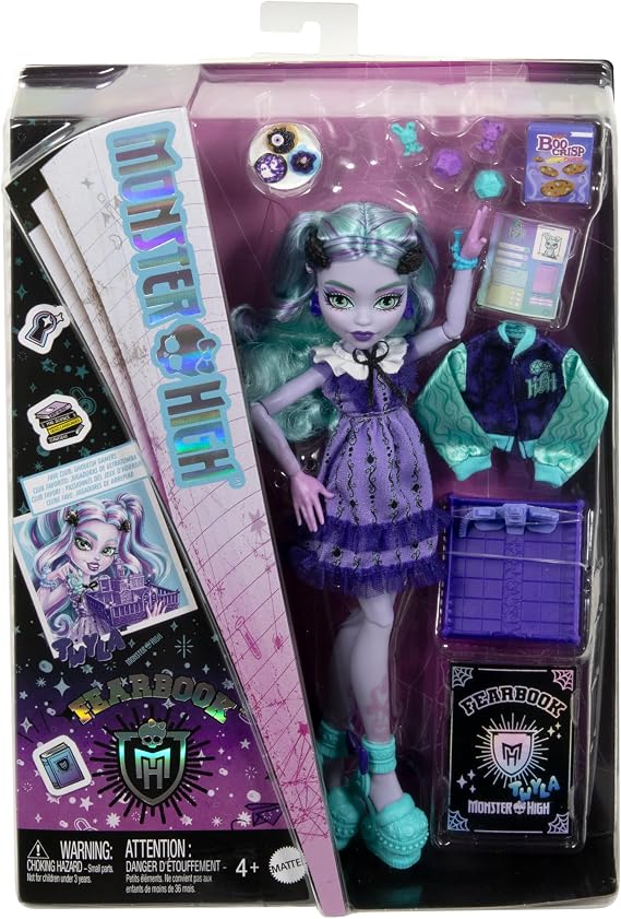 Monster High Fearbook Twyla Doll and Accessories Set with Game Club Theme Including Varsity Jacket, Yearbook, Board Game and Cookies