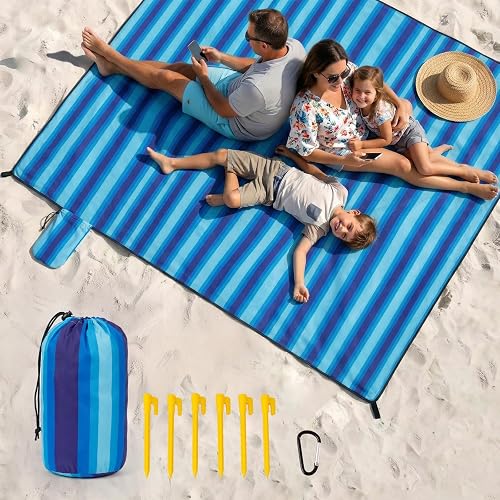 Beach Blanket Sandproof - Oversized Extra Large Waterproof Beach Mat for 3-4 People, Lightweight Sand Free Mat for Summer Vacation with 6 Stakes & 4 Corner Pockets for Beach, Camping 7x7ft Blue Stripe