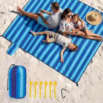 OIGAE Beach Blanket Waterproof Sandproof Oversized Beach Mat | Picnic Mat with Stakes, Storage Bag - Essentials for Outdoor Beach, Picnic,Quick-Dry Lightweight,Windproof Pockets