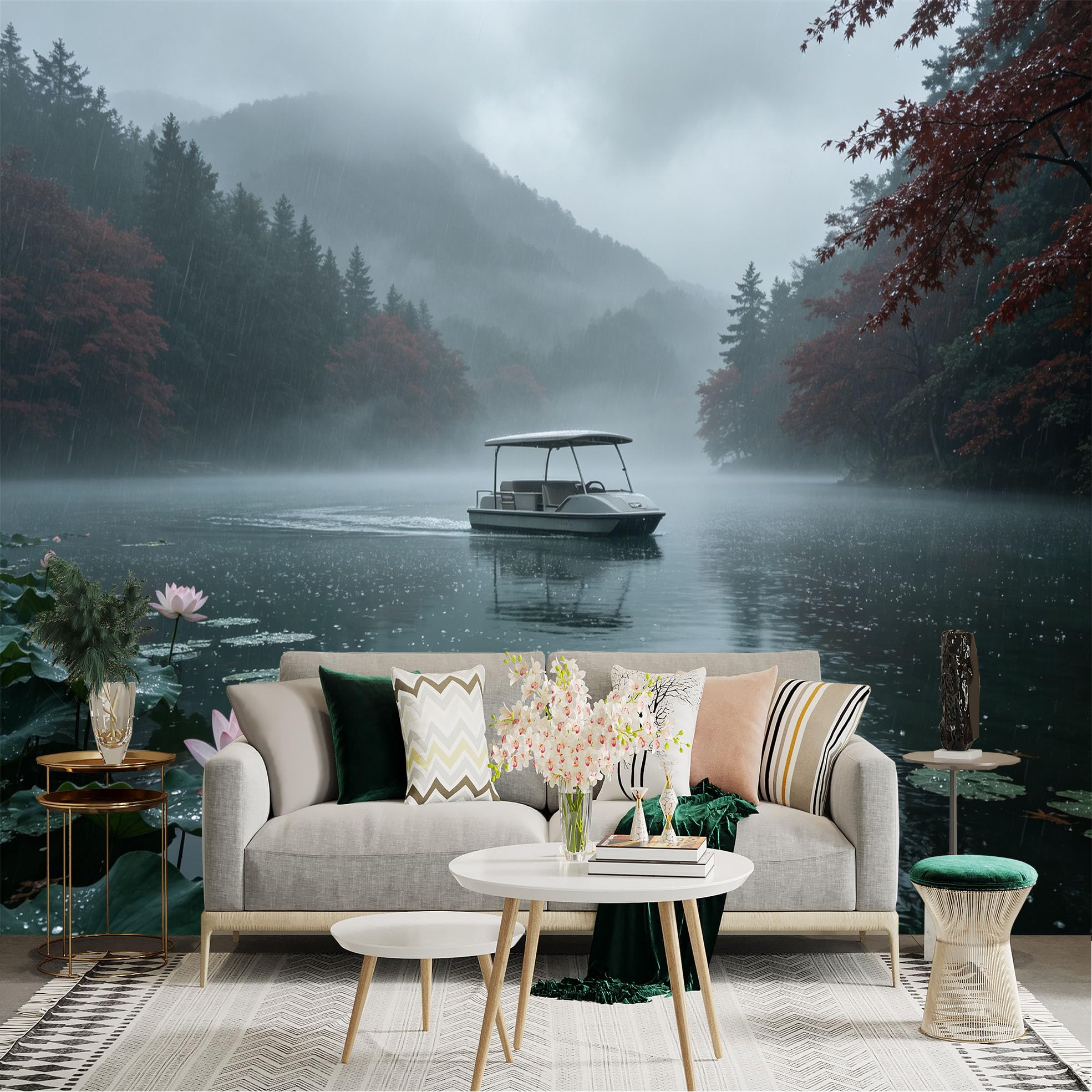 Custom Size Wall Sticker Mural， Rainy Lake with Pink Lotus Flowers， Misty Mountains and Leisure Boat， for wall Decoration， peelandstick wall Decals.