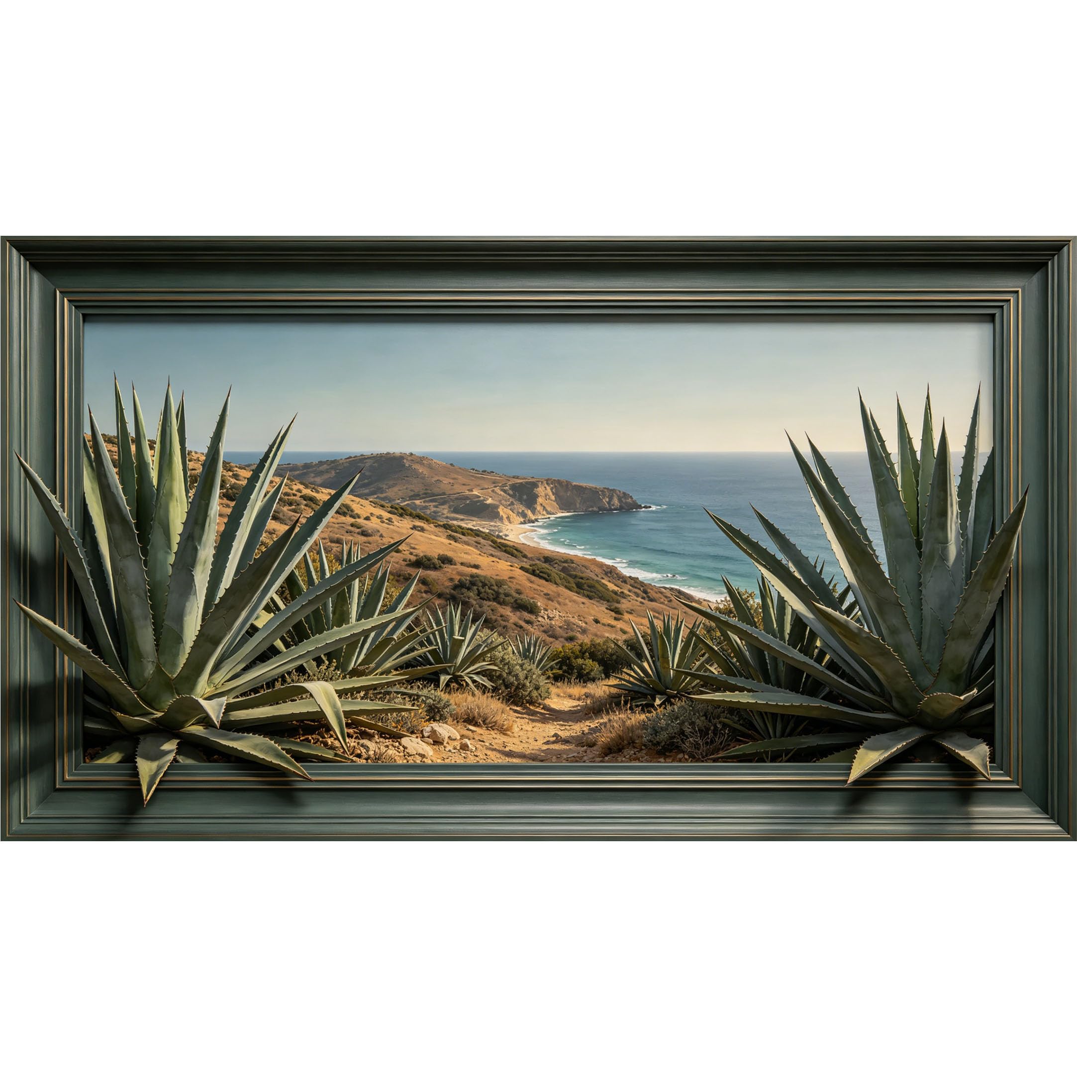 QZLITHOTIC 50×90cm3D Framed Wall Art， Coastal Agave Botanical Landscape Self?Adhesive Mural， Water?Activated Peel & Stick Fabric Decor Wall Decal for Bedroom Living Room