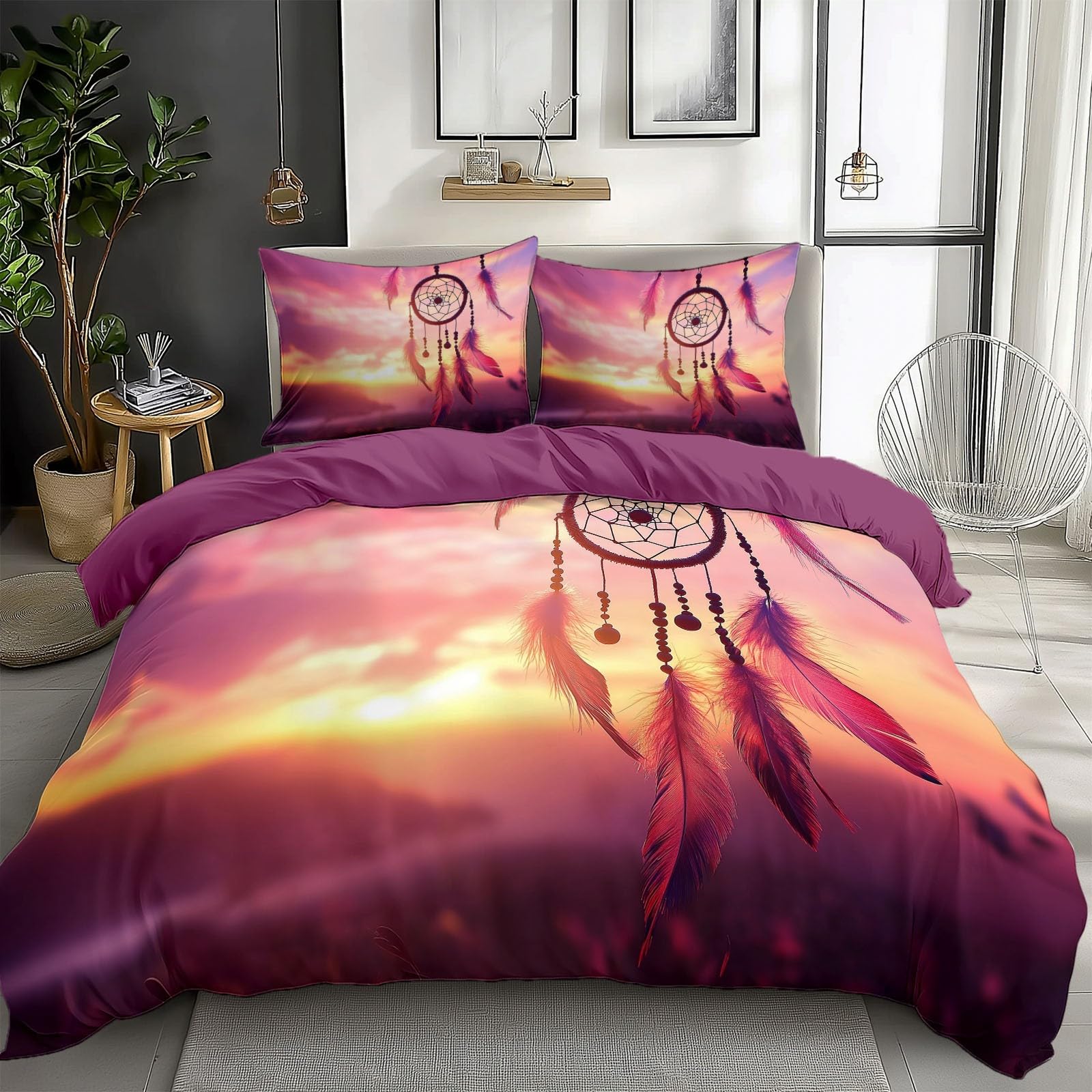 XCQHZYQ Bedding King Size Duvet Cover Sets 230x220 cm Sunset Landscape Feathers Soft Polycotton Duvet Cover with Pillow Case, Quilt Cover Set Breathable Hypoallergenic Anti-Wrinkle
