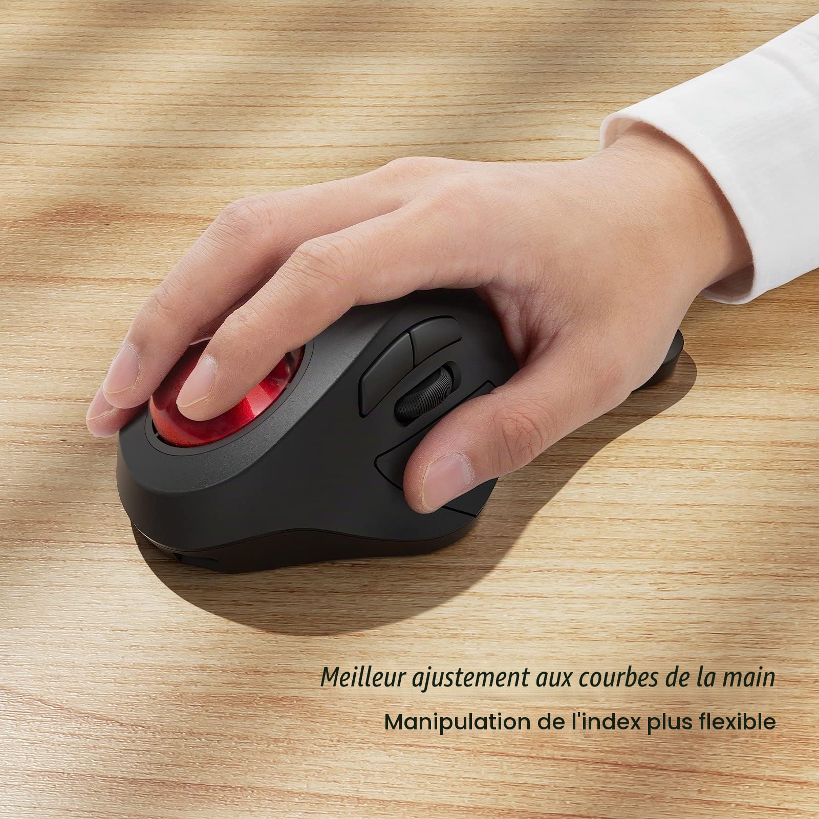 Nulea Souris Trackball sans Fil, Design Ergonomique Rechargeable, contrôle de l'index avec 5 DPI réglables, Connexion à 3 appareils (Bluetooth ou USB)