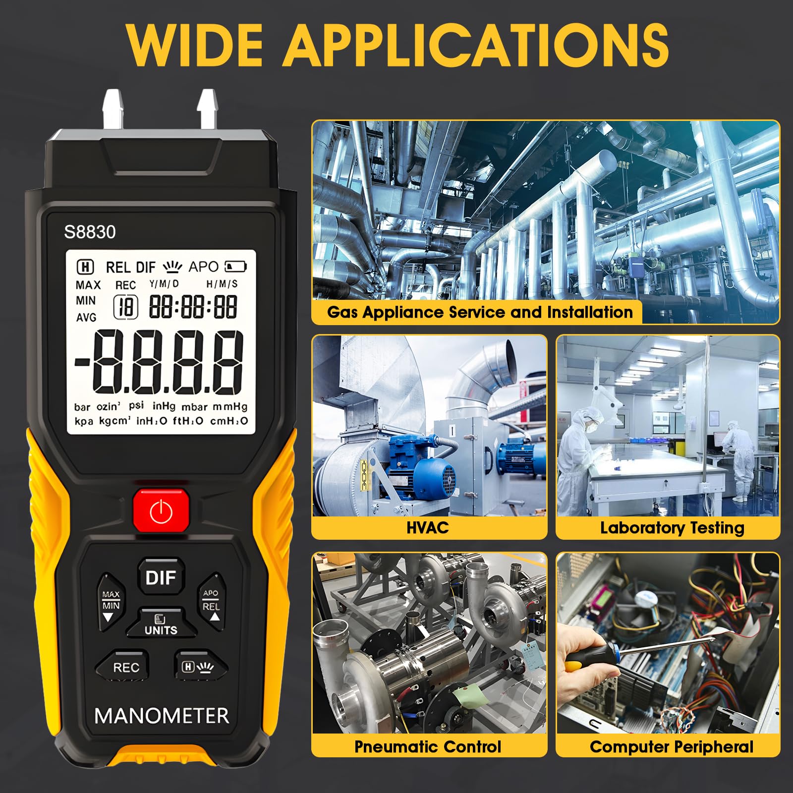 Medidor de presión digital, medición de presión diferencial ± 36,80 KPa, resolución 0,1, 12 unidades, probador de presión de gas HVAC de doble puerto con alarma de sobrepresión y registro de datos