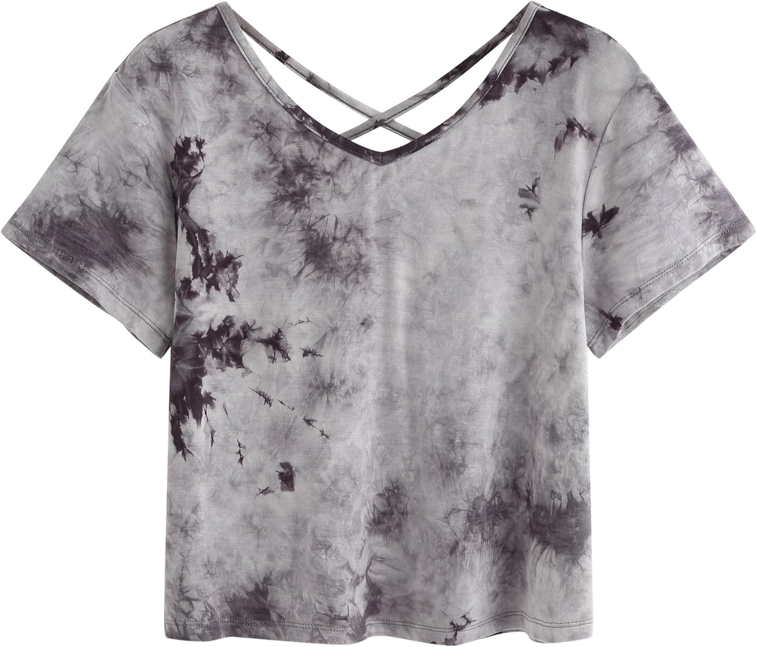 SweatyRocks Women's Tie Dye Criss Cross Back Short Sleeve Crop Summer T Shirt