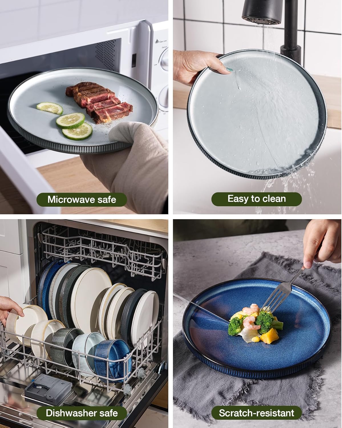 famiware Star Dinnerware Set, Plates and Bowls Sets for 4 (12pcs), Ribbed Stoneware Dishes - Chip & Scratch Resistant, Microwave & Dishwasher Safe, Multicolor - Cappuccino White & Smoky Blue - Image 7