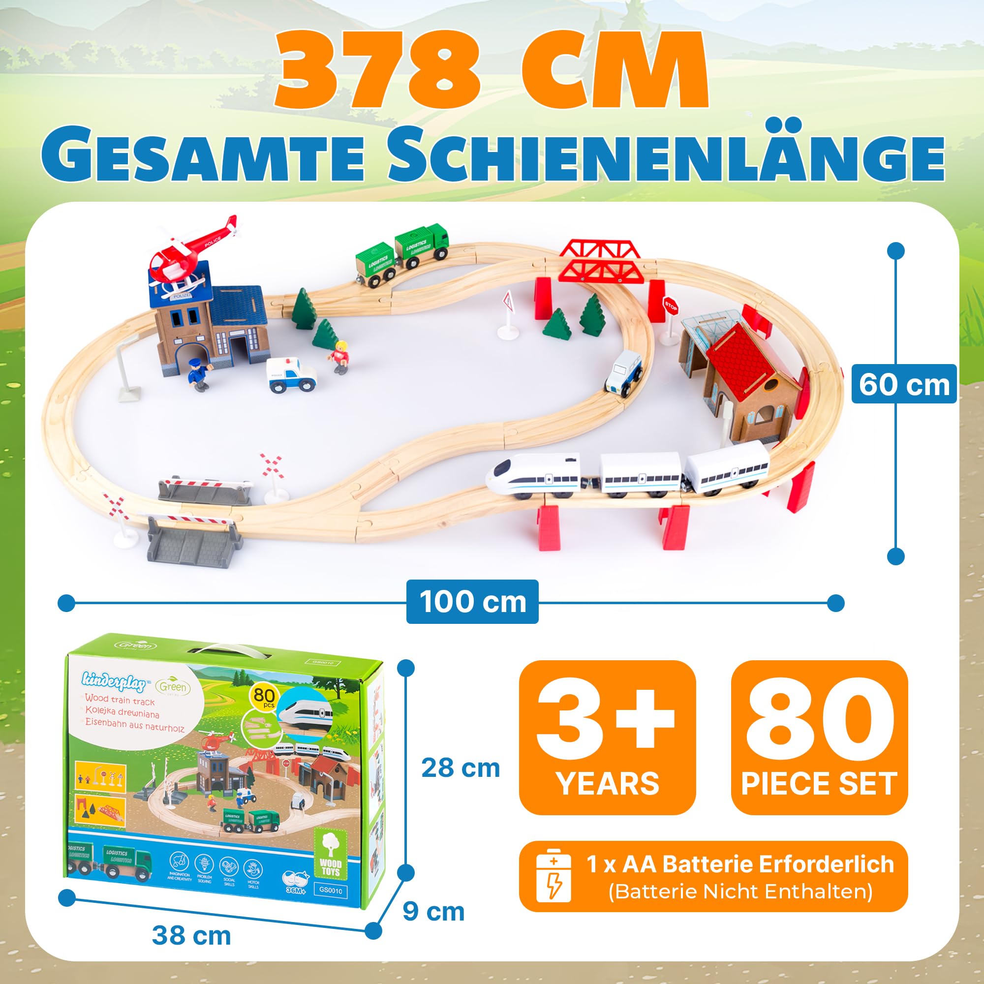Green series Holzeisenbahn Set für Kinder - Eisenbahn Holz | Spielzeug Zug | Polizeistation, Autobahn und Bahnset mit Brücke, 80 Teilen, 378 cm lang | Holz Eisenbahnen | Holzzug | Modell GS0010