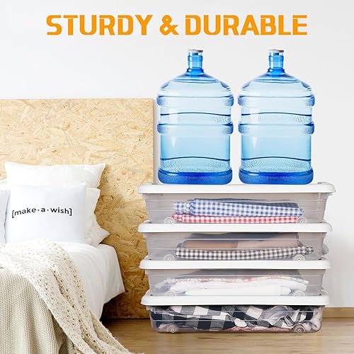 Miniatura 6 de 4 recipientes de almacenamiento de plástico para debajo de la cama con asa de rueda de tapa, transparentes, de gran capacidad, apilables, con