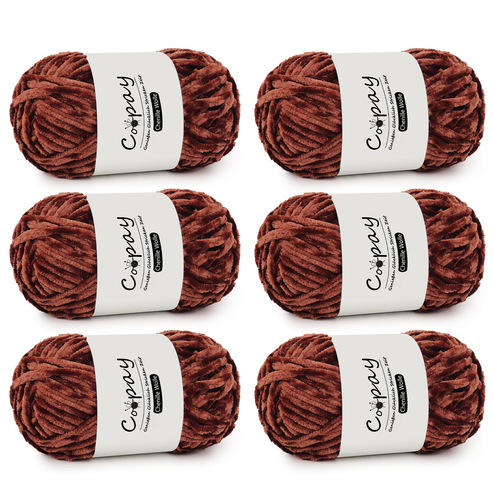 Coopay Chenille Wolle zum Häkeln, 6x100g Weiche Samtig Chenillegarn, Flauschige Dicke Wolle zum Stricken, Warme Plüschwolle Häkelgarn für Decken, Schals, Mützen