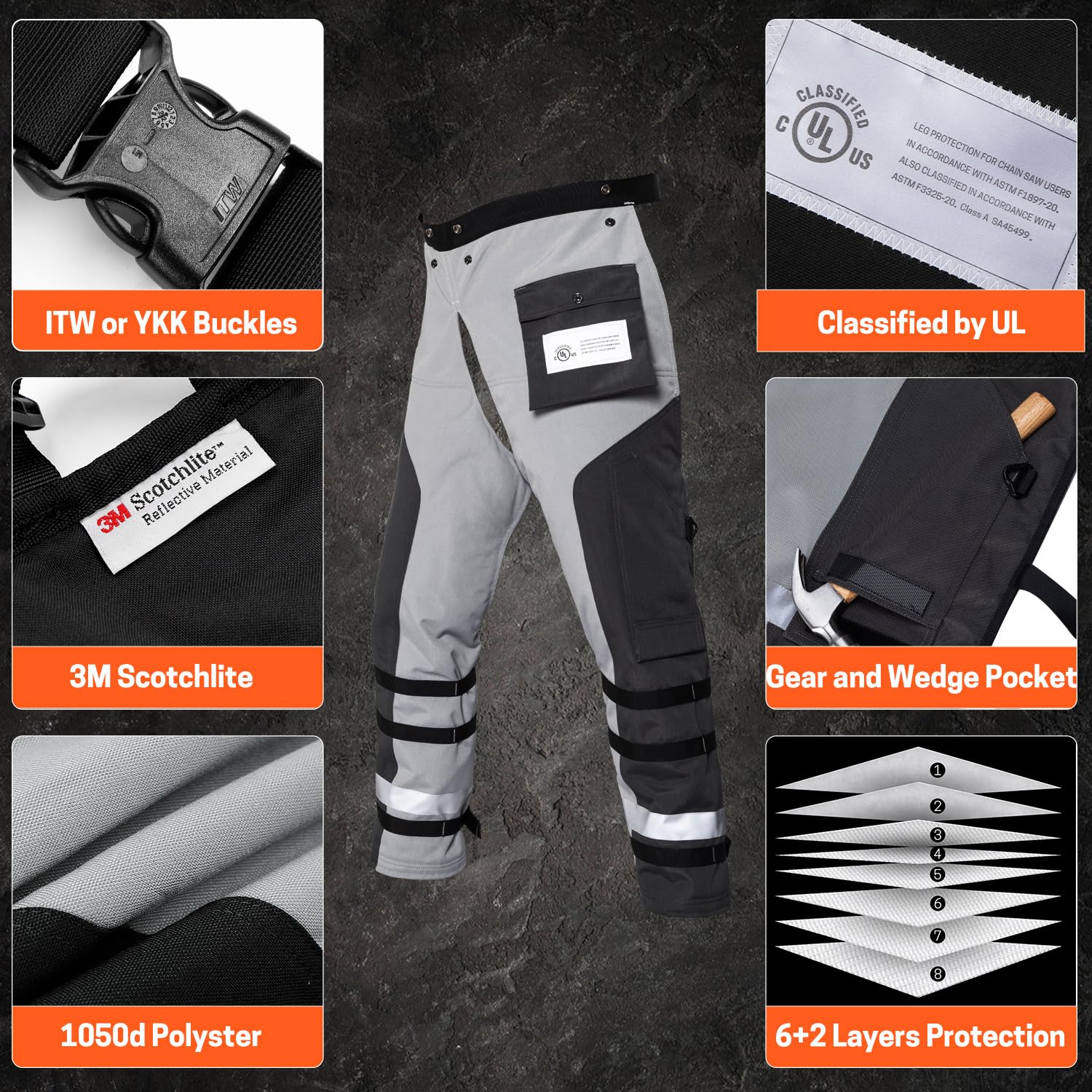 Pantalones de Motosierra de 8 Capas para Motosierra UL Clase A, Estilo Delantal, Negro Gris, M
