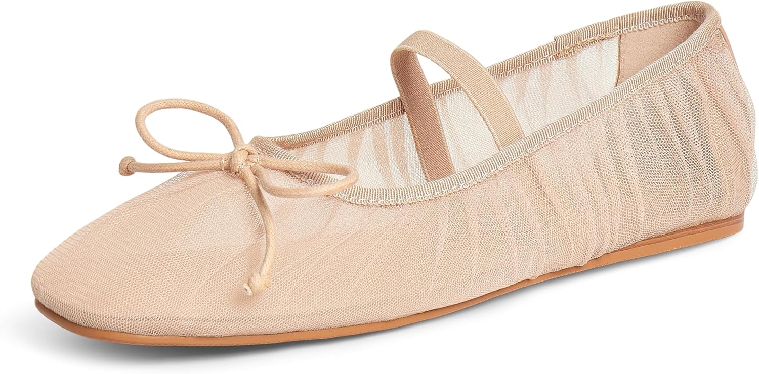 STALOV Mesh Ballet Flats for Women Square Toe Bow Mary Jane Flats Tulle Comfortable Dress Casual Ballerina Shoes with Strap