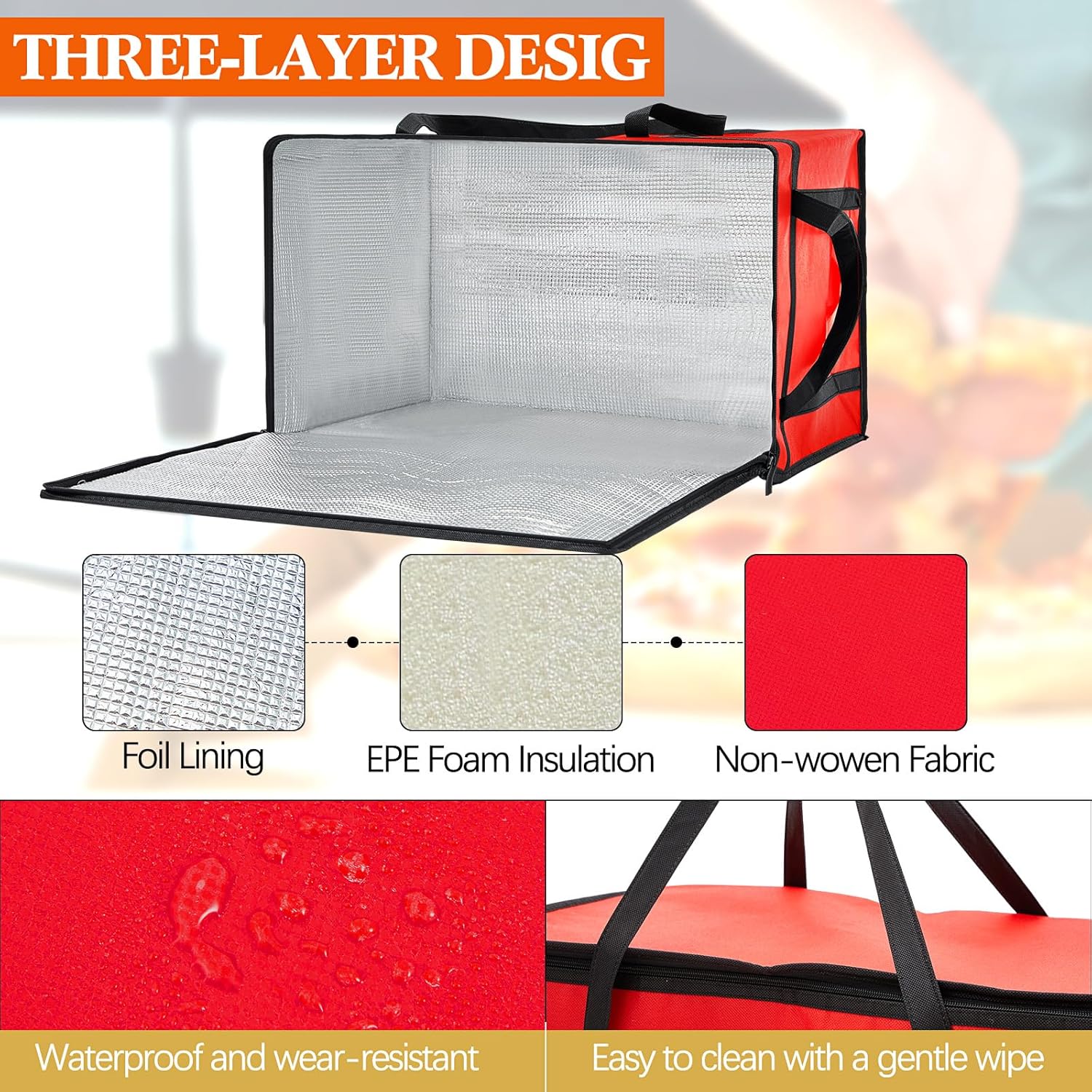 Maxcheck 6 Pcs Insulated Bags for Food Delivery XXXL Large Capacity Hot Grocery Tote Bag Reusable Warming Pizza Catering Carrier for Commercial Travel Lunch Shopping Gifts (Red) - Image 4