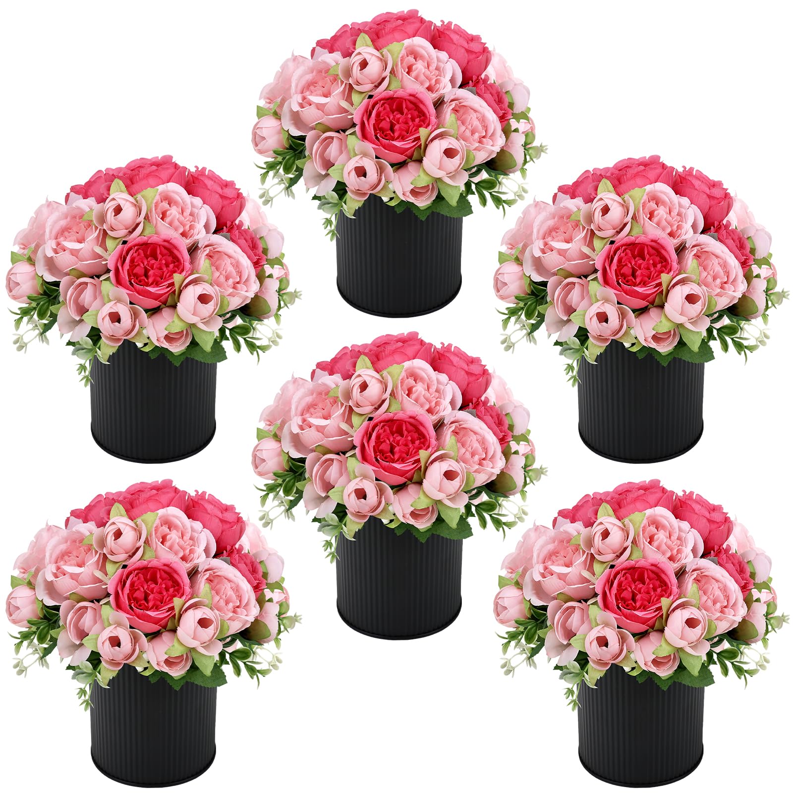 Photo 1 of SEKNHOP Pre-Made Flower Table Centerpieces, Set of 6 Artificial Silk Peonies with Black Vases for Wedding Reception, Modern Floral Decor for Birthday Party, Anniversary Ceremony - Hot & Pastel Pink