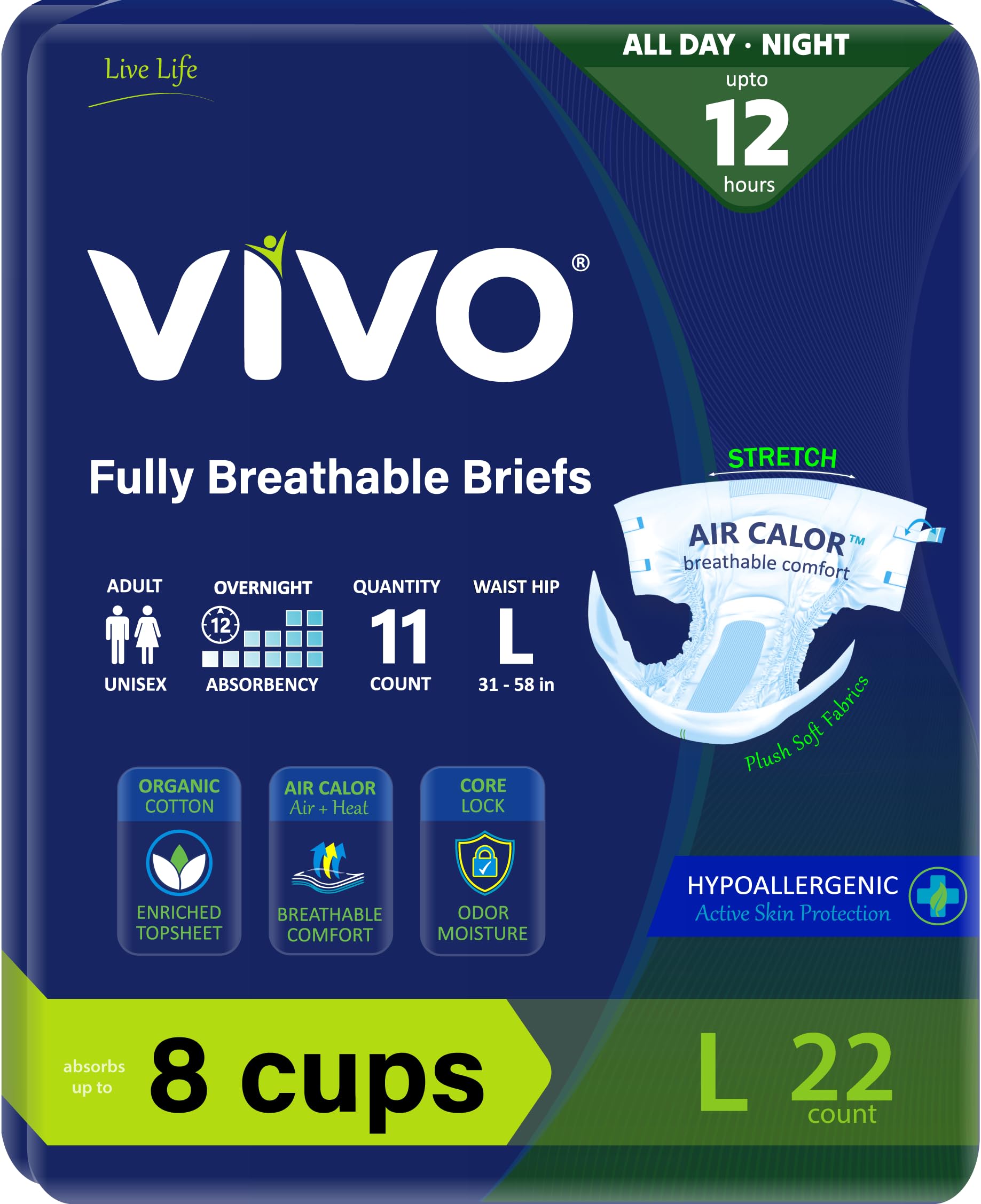 VIVO Organic Cotton Overnight Sensitive Skin Adult Incontinence Diaper Briefs with Tabs, Large 22 Count