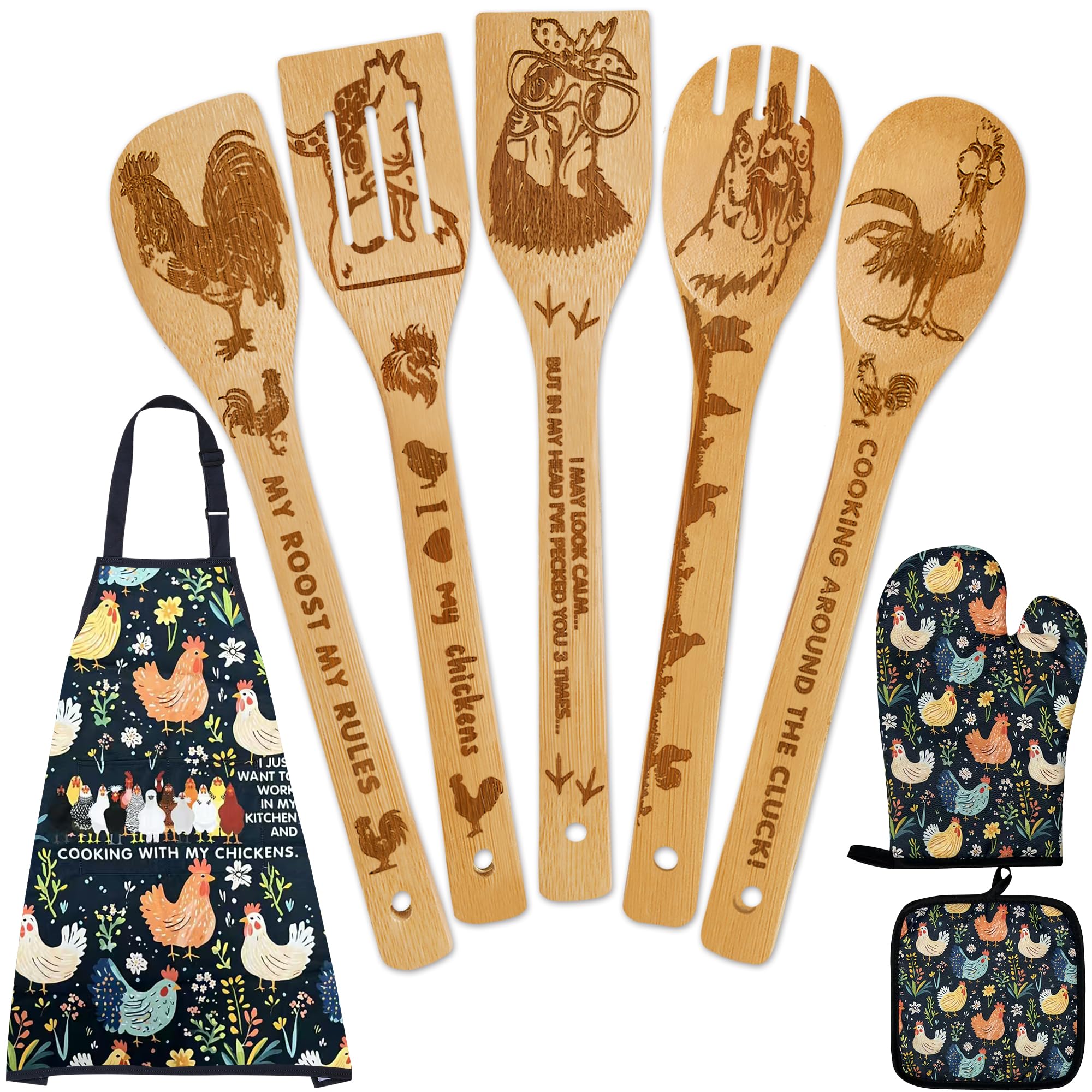 8 PCS Chicken Bamboo Cooking Spoon with Apron and Oven Mitts,Rooster Kitchen Utensil Decor Gifts for Women Chicken Lovers,Roosters Themed Decorations for Home,Housewarming,Birthday,Mother's Day,Easter