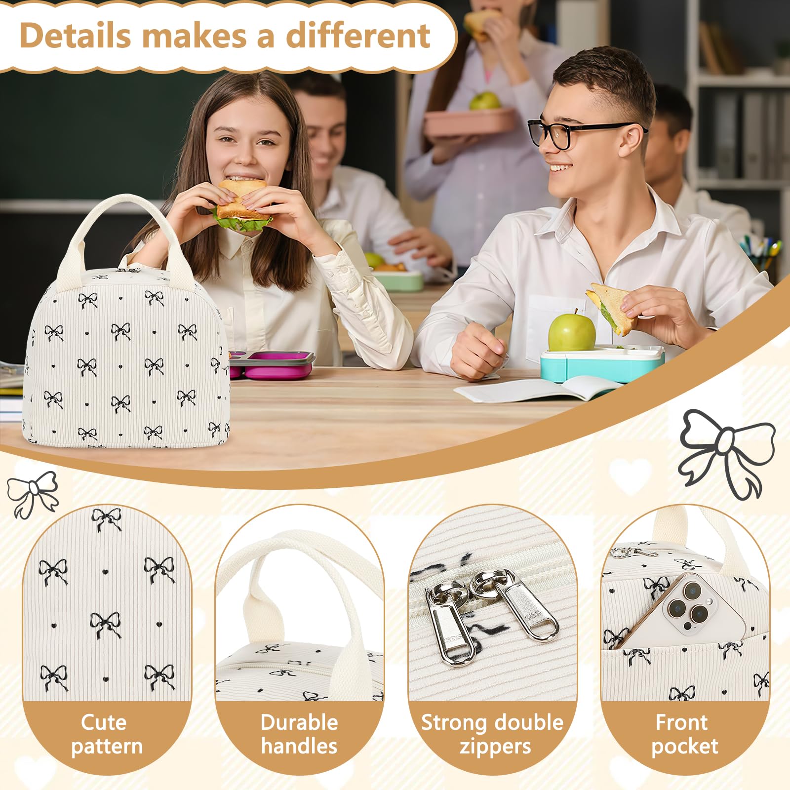 EurCross Chic Butterfly Bow Insulated Lunch Bag for Girls Perfect for School Days Commutes, Two-Meal Storage Space - Image 3