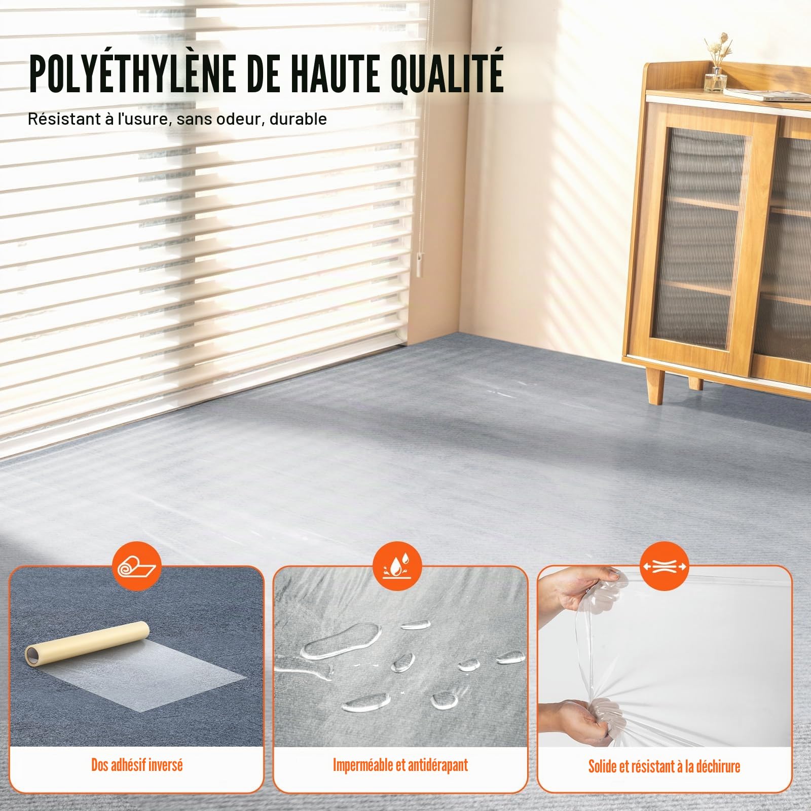 VEVOR Film de Protection de Tapis, 920 mm x 60,96 m, Protecteur de Tapis avec Dos Auto-adhésif, Rouleau de Film Protection Adhésif Polyéthylène pour Construction, Décoration et Rénovation Intérieur