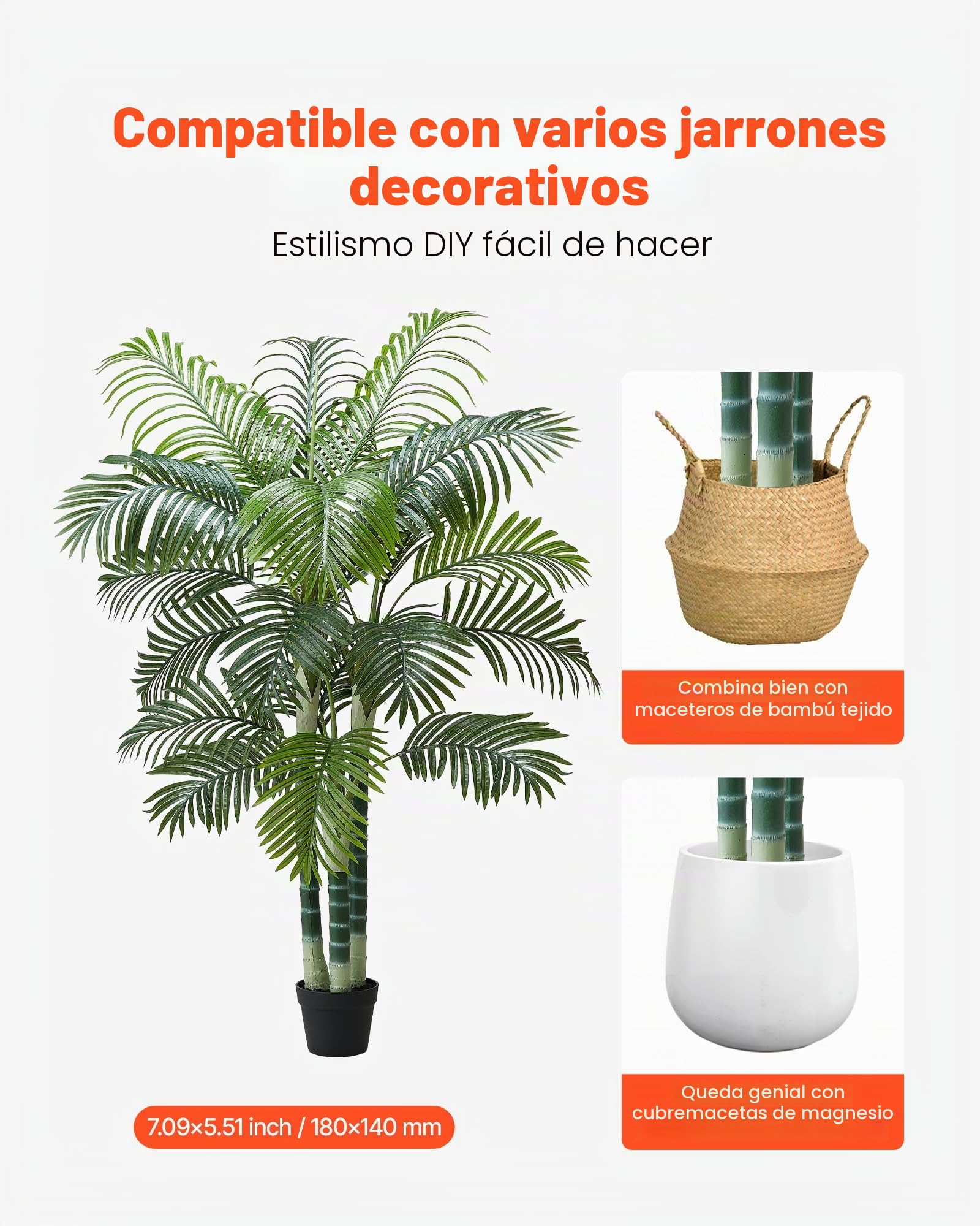 VEVOR Palmera Areca Artificial Tropical de Imitación con Maceta Alta Blanca, para Decoración de Hogar, Oficina, Sala de Estar, Inauguración de Casa, Interior y Exterior, 1040 x 1040 x 1780 mm