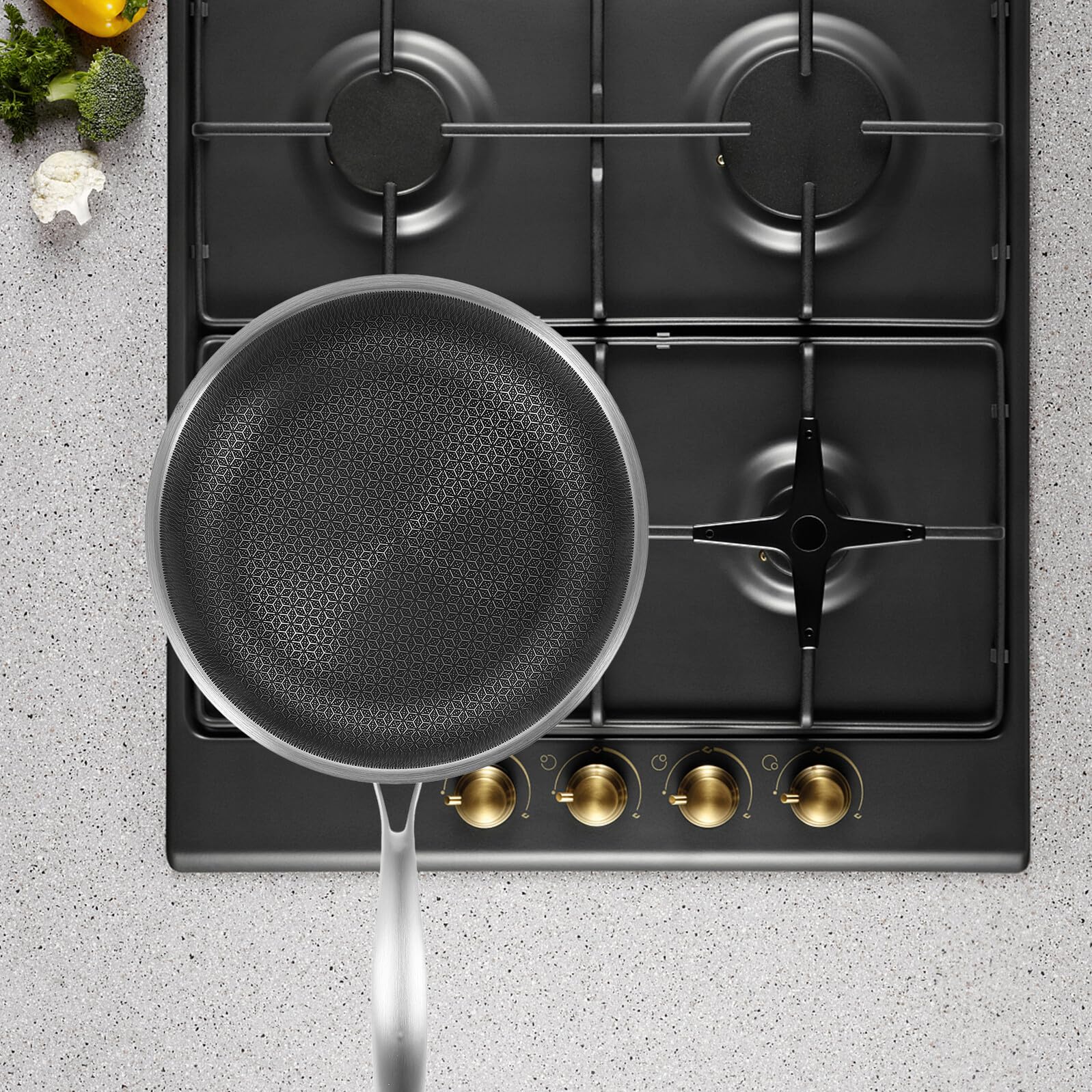 Mipcase Padella Wok in Acciaio Inossidabile Honeycomb Antiaderente Manico Ergonomico Facile da Pulire per Cucina e Griglia, per Salsicce e Patate