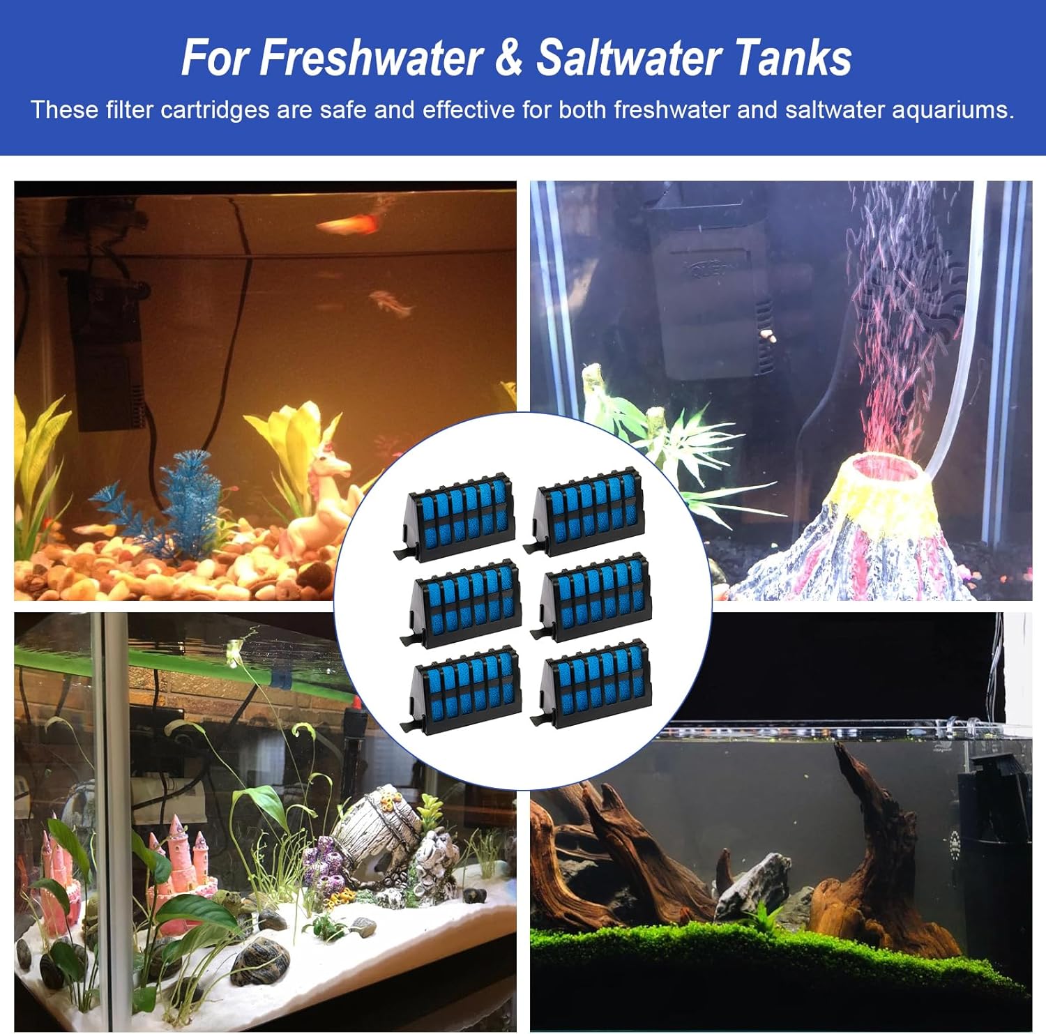 6-Pack Large Replacement Internal Filter Cartridges for Aqueon QuietFlow Internal Filter AT30 and AT40, Fish Tank Filters Cartridges for Aquarium 2-Stage with Dense Foam and Activated Carbon