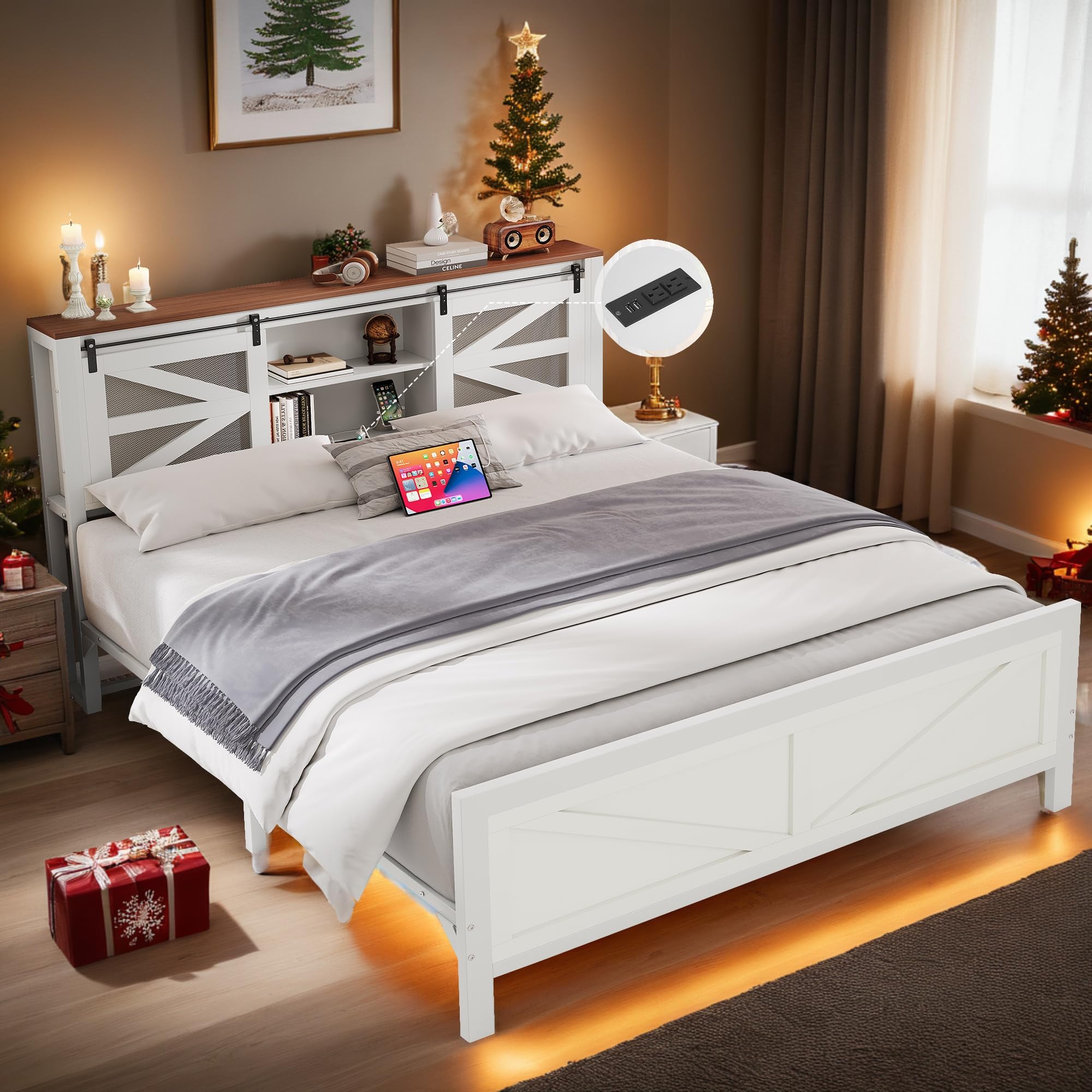 YITAHOME Farmhouse Queen Size Bed Frame with Headboard, Bookcase Storage Shelves, Sliding Grid Barn Door, Charging Station, Rustic Wood Platform Bed, No Box Spring Needed, White