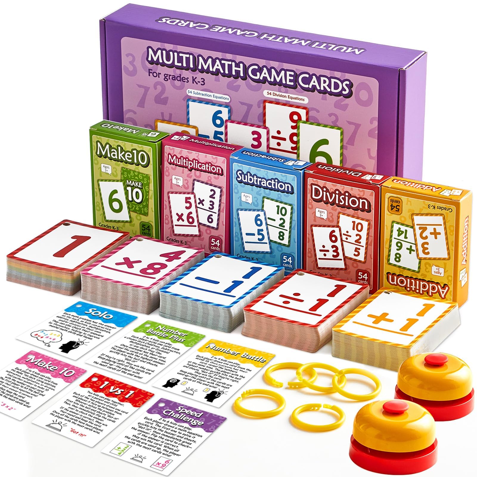 Math Flash Cards Set of 5 - Addition Subtraction Division Multiplication Make 10 for 1st 2nd 3rd Math Game with 5 Rings 2 Quick Answer Bells 276 Double-Sided Flashcards