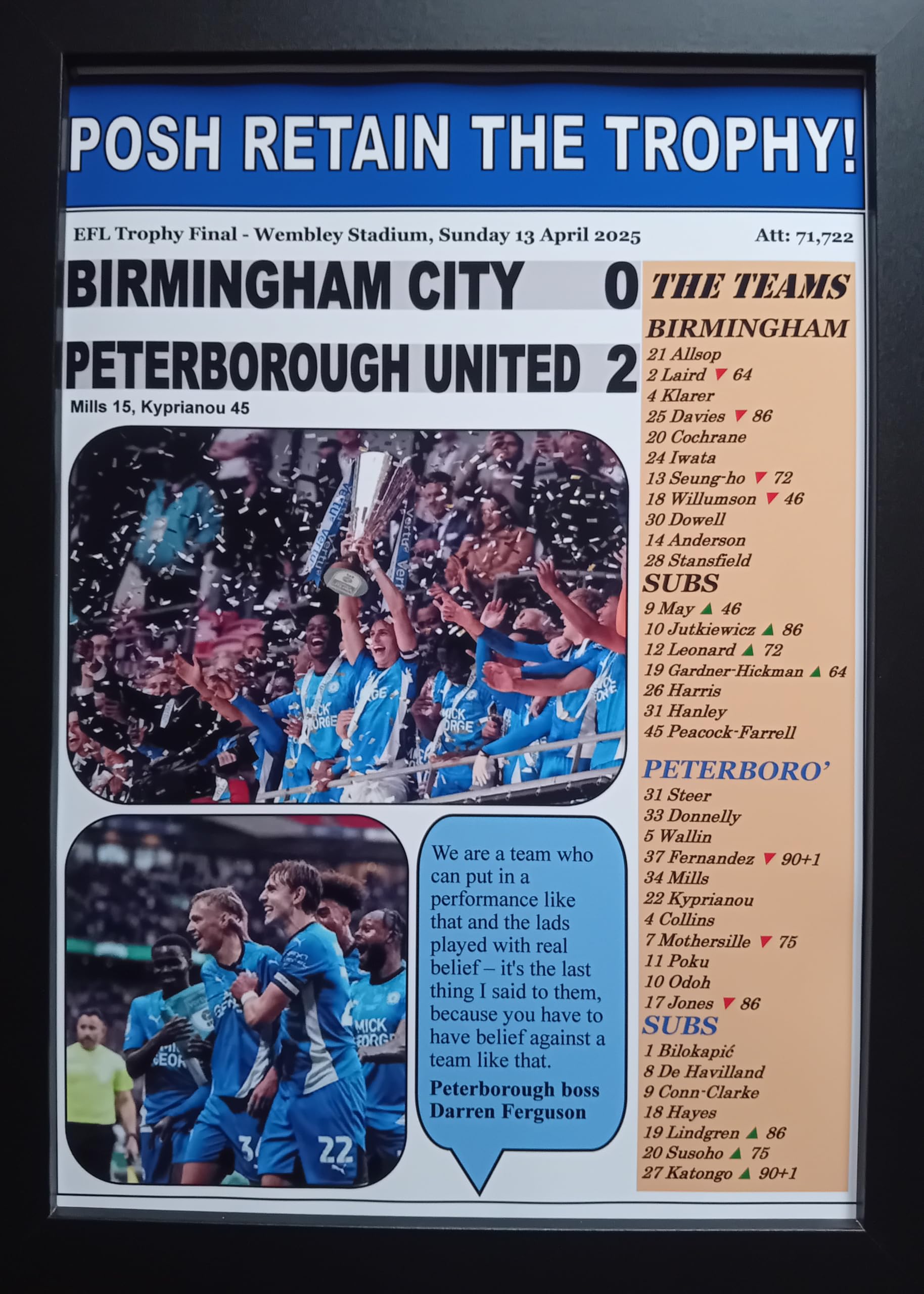 Assorted Multicoloured Birmingham City 0 Peterborough United 2-2025 Efl Trophy Final - Framed Print