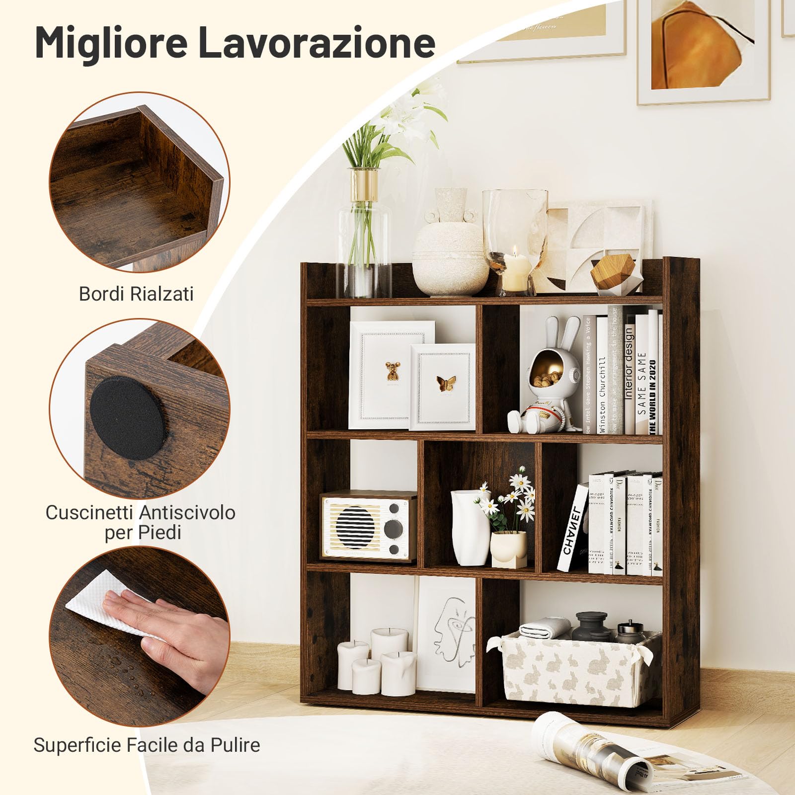 COSTWAY Libreria a Cubi con 7 Scomparti, Mensola Espositiva per l'Archiviazione, Libreria in Legno con Dispositivi Anti-Ribaltamento, per Studio Soggiorno, 80x20x90 cm (Caffè)