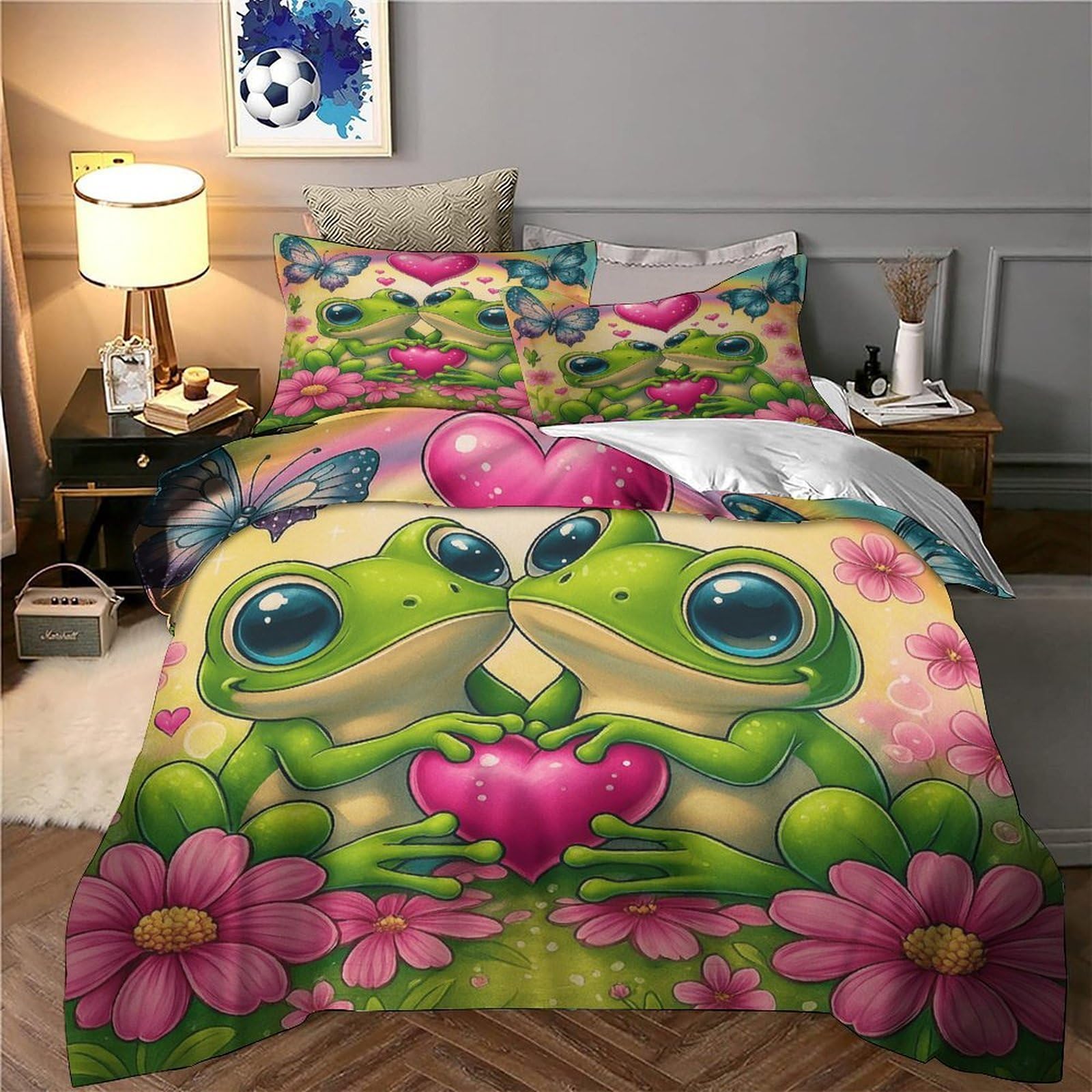Copripiumino rana carina 3D stampata Microfibra Decorazione camera Set biancheria rana coppia Morbido traspirante per giovani adulti Super king（260x220cm）