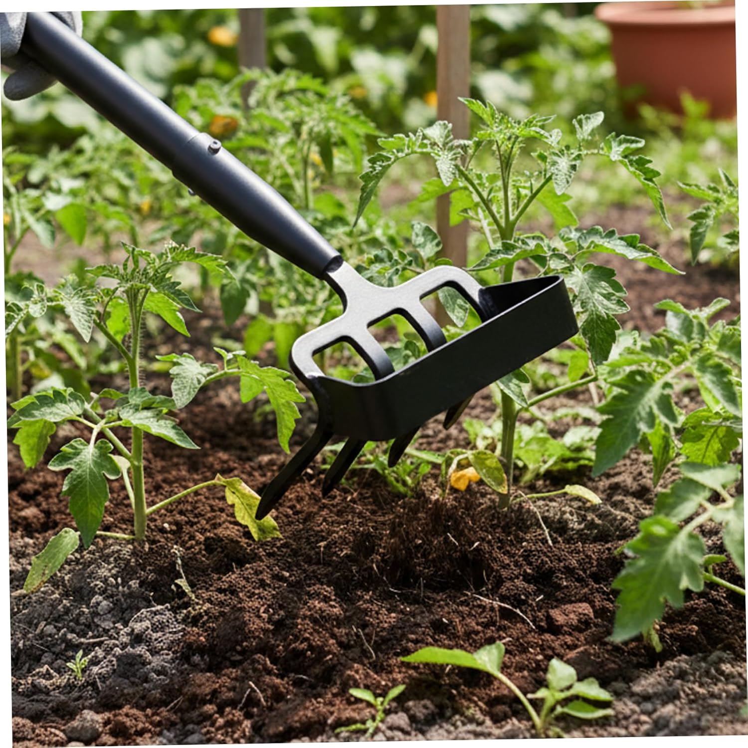 Weed Puller, Heavy Duty 4-Tine Garden Weeding Tool with Adjustable Long Handle, Stirrup Hoe for Efficient Weed Removal in Flower Beds & Compact Soil