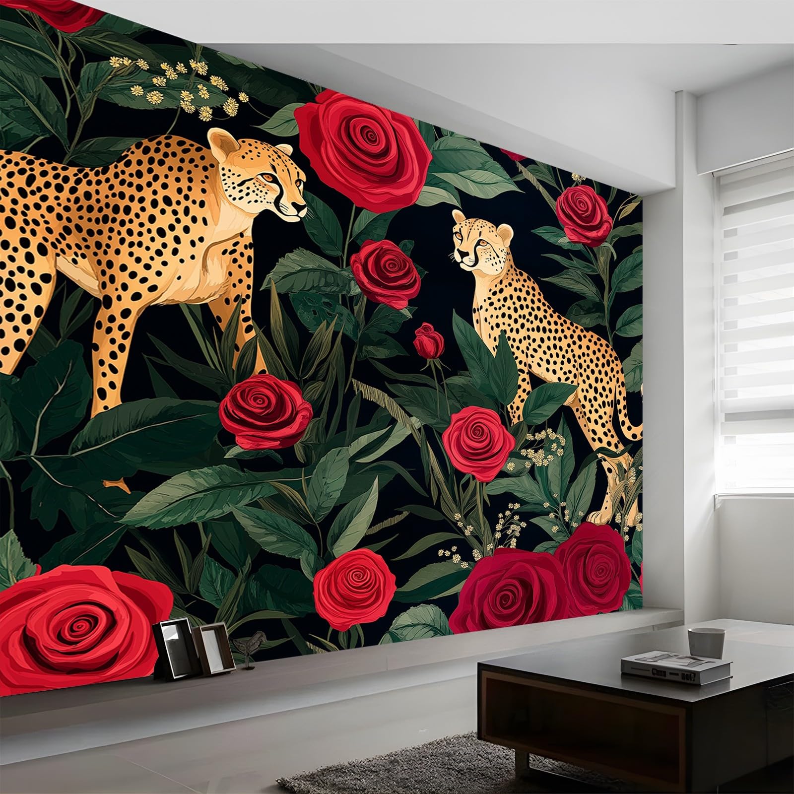 Panoramiczne tapety zwierzęta kwiaty elegancja czerwony czarny 200 x 140 cm (szer. x wys.), nowoczesna tapeta z włókniny do sypialni salonu biura spersonalizowana dekoracja ścienna restauracja pokój