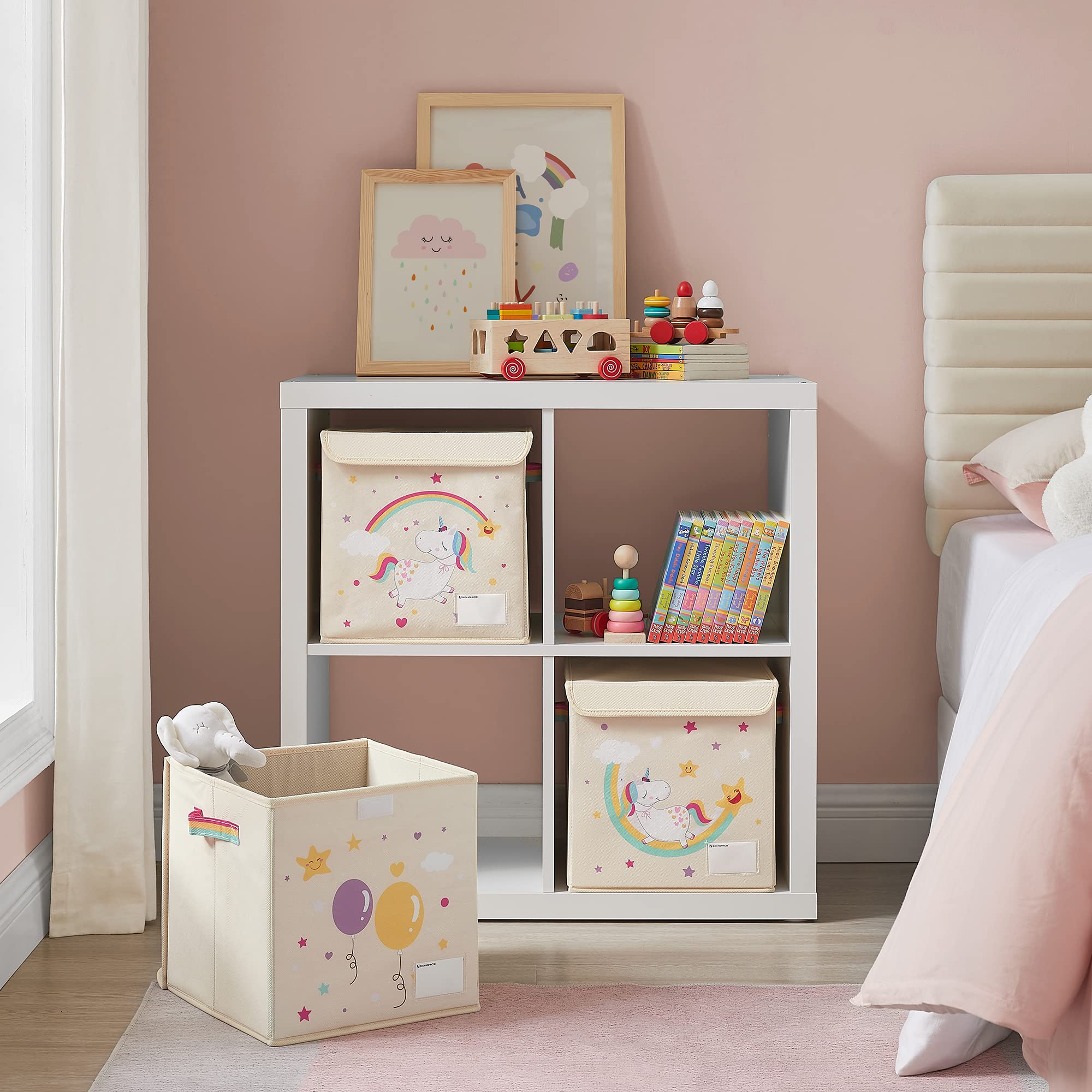 SONGMICS Juego de 3 Cajas de Almacenamiento de Niños con Tapa, Organizador de Juguetes, 30 x 30 x 30 cm, Cubos Plegables, para Dormitorio, Cuarto de Juegos, Patrones de Unicornio, Beige RFB710W03