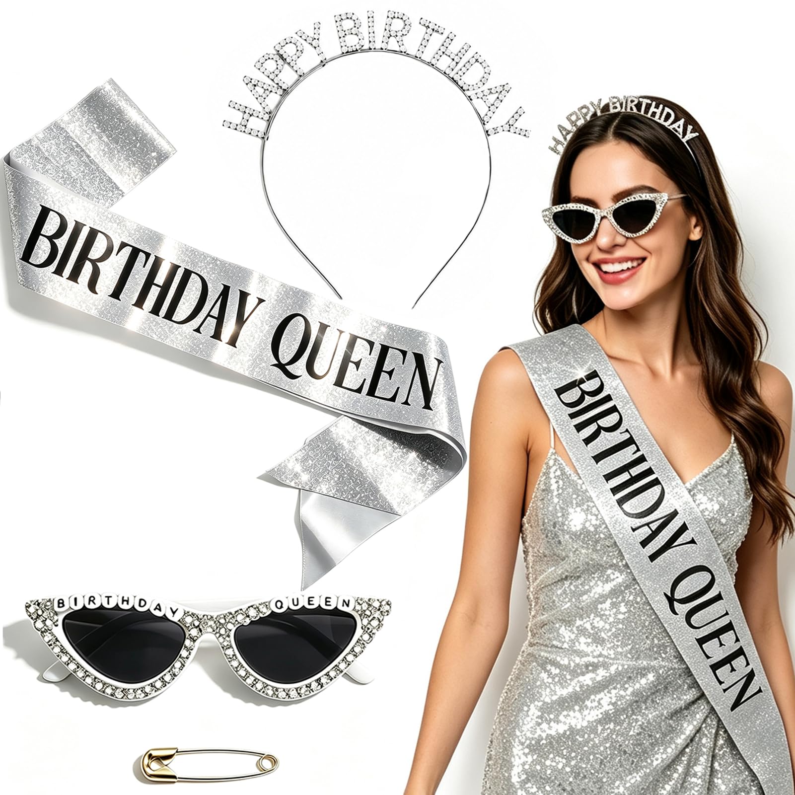 Birthday Queen Accessories Set Glitter Silver Birthday Sash for Women with Rhinestone Sunglasses＆Sparkling Crystal Headband Happy Birthday Party Accessories Gift for Girl Women Costume Decoration