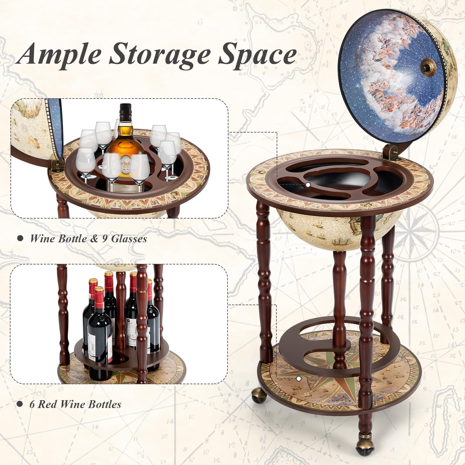KOMFOTTEU Botellero Bar Globo Terráqueo con Ruedas, Soporte para Botellas de 2 Niveles, Carrito de Bar de Madera, Mueble Minibar para Bebidas, para Restaurante, Fiesta (Beige, 45 x 45 x 88 cm)