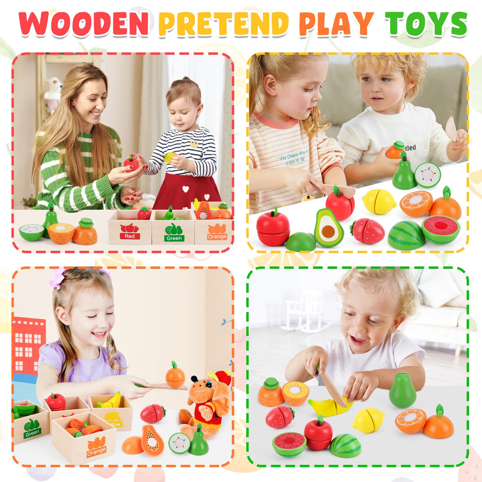 Juego de alimentos de madera para niños pequeños de 1 a 3 años, accesorios de cocina para cortar frutas, alimentos de simulación con cajas de almacenamiento, regalos de cumpleaños de Navidad 6