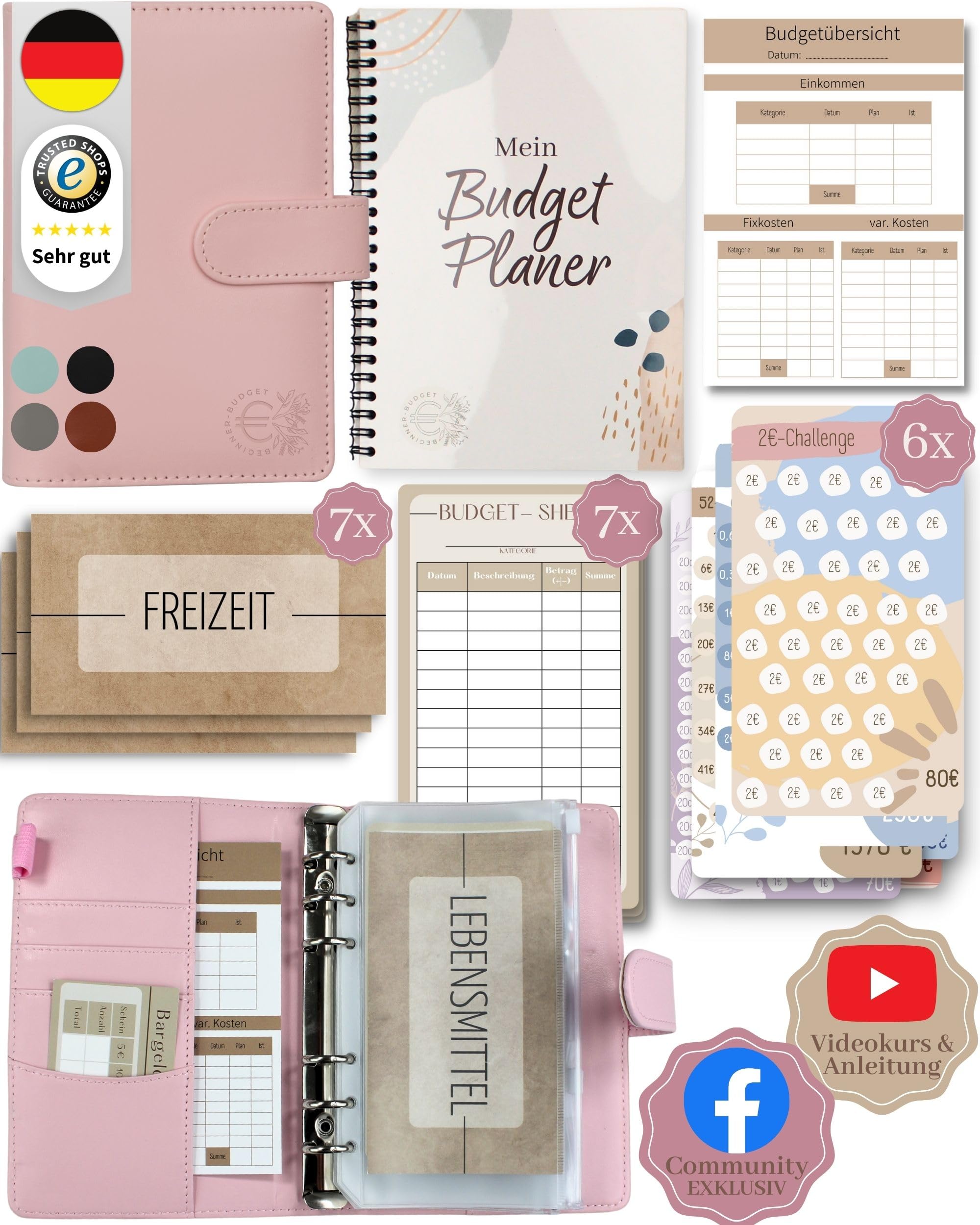 BeginnerBudget® Budget Planner Deutsch - Starterset mit Sparchallenge + Budgetplaner (144 Seiten) - Sparen mit Umschlagmethode + Anleitung Ringbuch, Binder A6 Glattleder, vegan (Rosa)