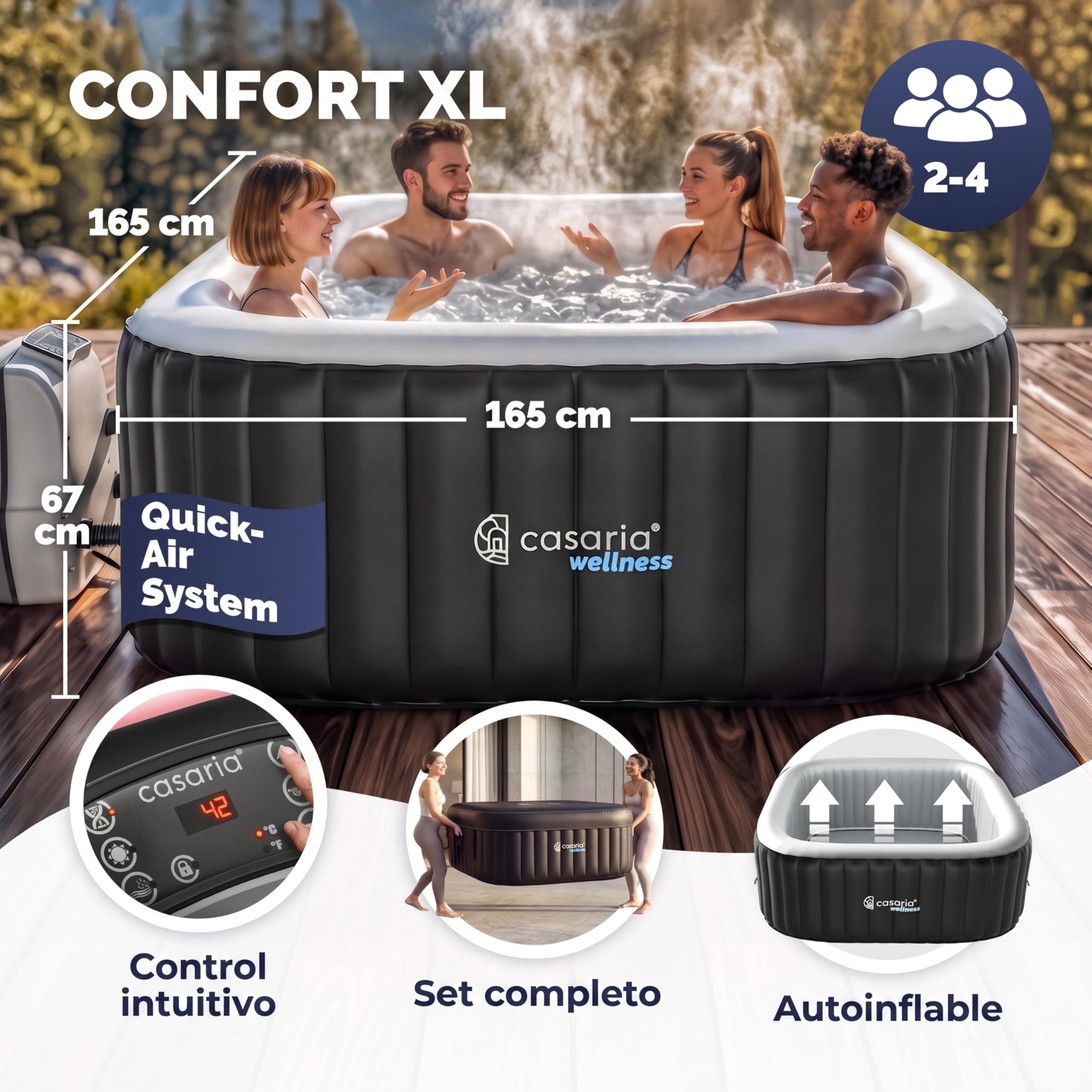 CASARIA Hidromasaje Hinchable 4 Personas 165x165cm Cuadrado 42°C Accesorios