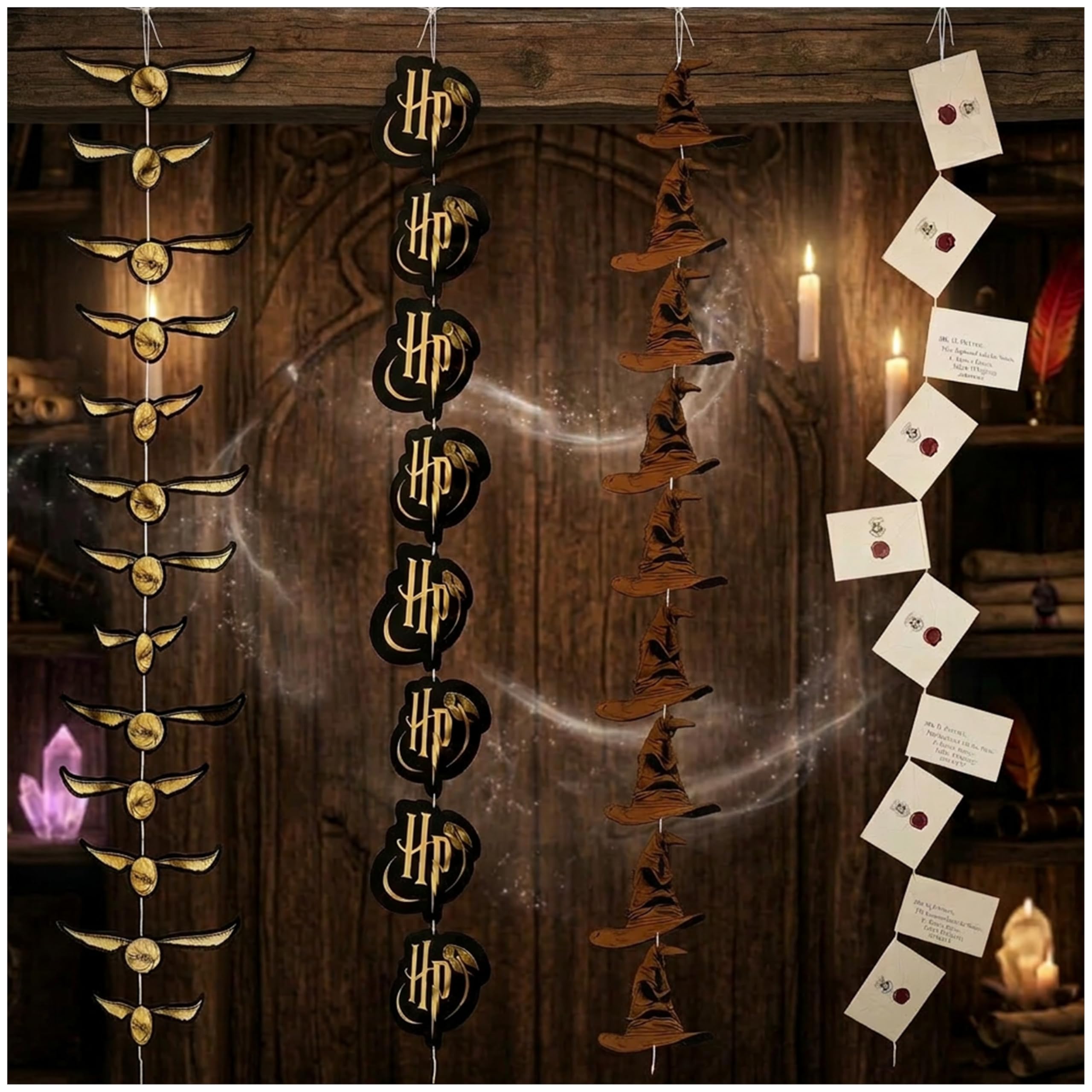 Harry Potter Gifts Garland Decorations Set of 4 Party Banners 4.9 Ft Golden Snitch Letters Sorting Hat Wall Decor Birthday Party Supplies Room Decor (Multi Banners, 40 Pieces)