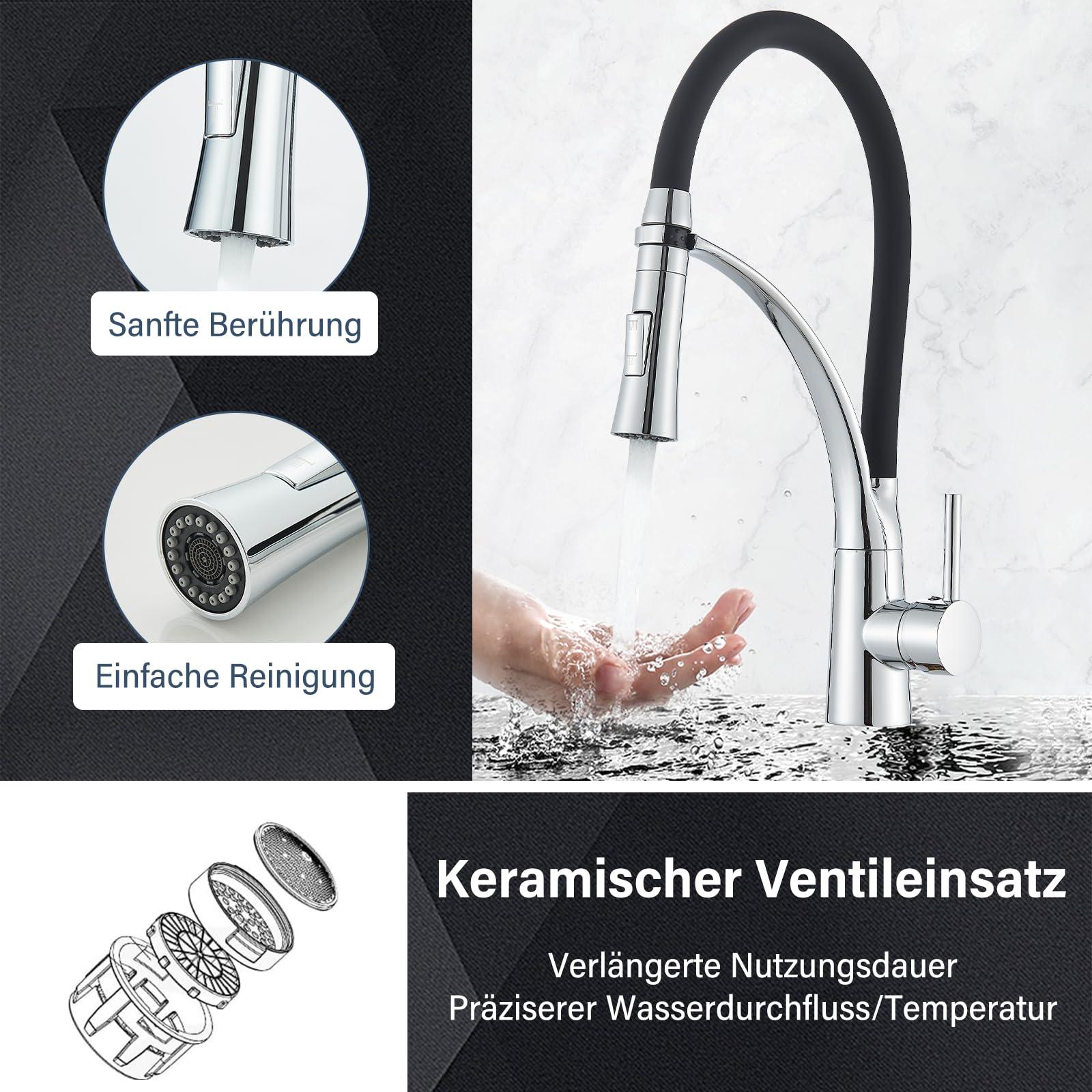 Niederdruck Armatur Küche Spültischarmatur Chrom Flexibler Schwarz 360° Drehbare mit 2 Sprühfunktionen mit Wasserspar Aerator Mischbatterie