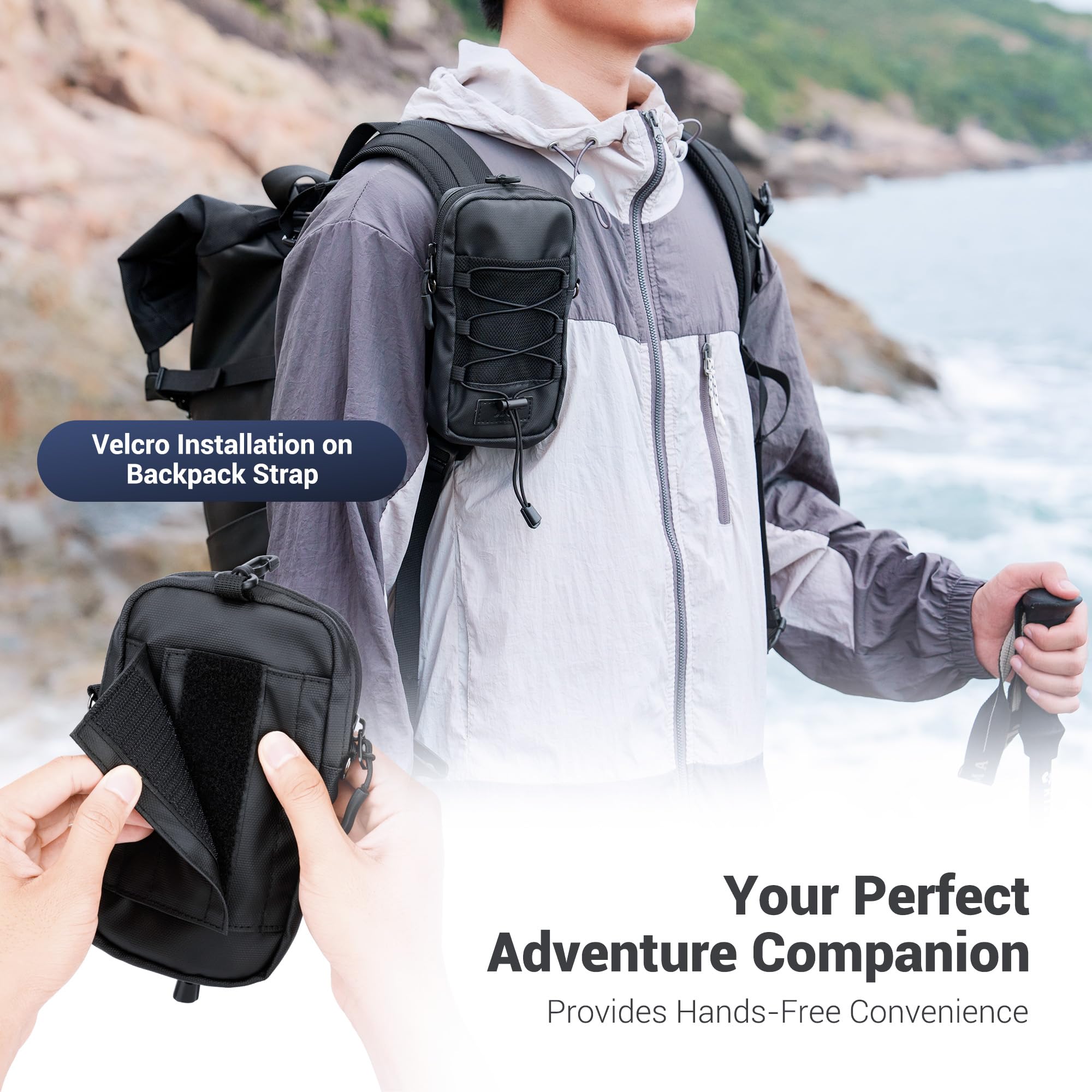 Military Backpack Shoulder Strap Pouch Holder,Tactical Phone Carrying Pouch Crossbody Holsters Bag for iPhone 16 15,Backpack Mount Bag for Phone GoPro Hero13 12 DJI Action 4 5 Pro Fits Hiking Climbing