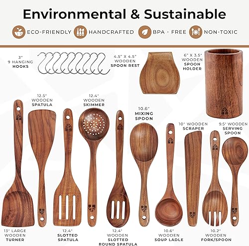 Miniatura 4 de Woodenhouse - Cucharas de madera para cocinar, juego de utensilios de cocina de madera con soporte, soporte para cuchara y ganchos, utensilios de