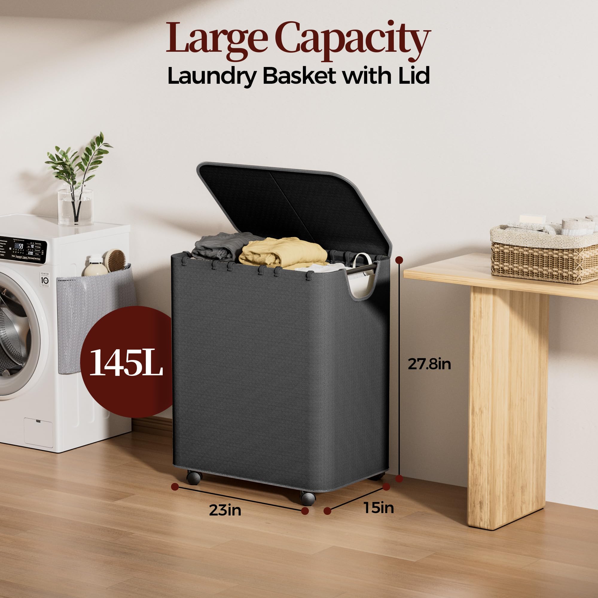 LAMU Wäschekorb mit Deckel, Wäschesammler 145L, 3 Fächer und 3 Wäschesack Herausnehmbar, Schnellaufbau, Wäschesortierer für Badezimmer, Schlafzimmer, Wäschekammer, Kinderzimmer – Schwarz