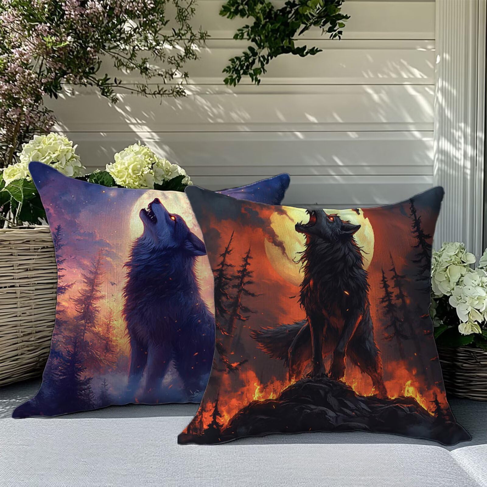 Fundas Cojines Exterior Animal Impermeable Lino Funda de Almohadas Juego de 4 Lobo Funda Cojin 60x60cm Cojin Sofa Decorativo Fundas Cojines para Jardín Exterior Sala Patio Balcón Decoracion JL-159