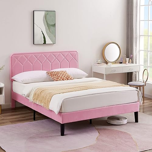 Miniatura 35 de VECELO Base de cama de tamaño matrimonial con plataforma tapizada de terciopelo de alta calidad con cabecera ajustable en altura / base de colchón,