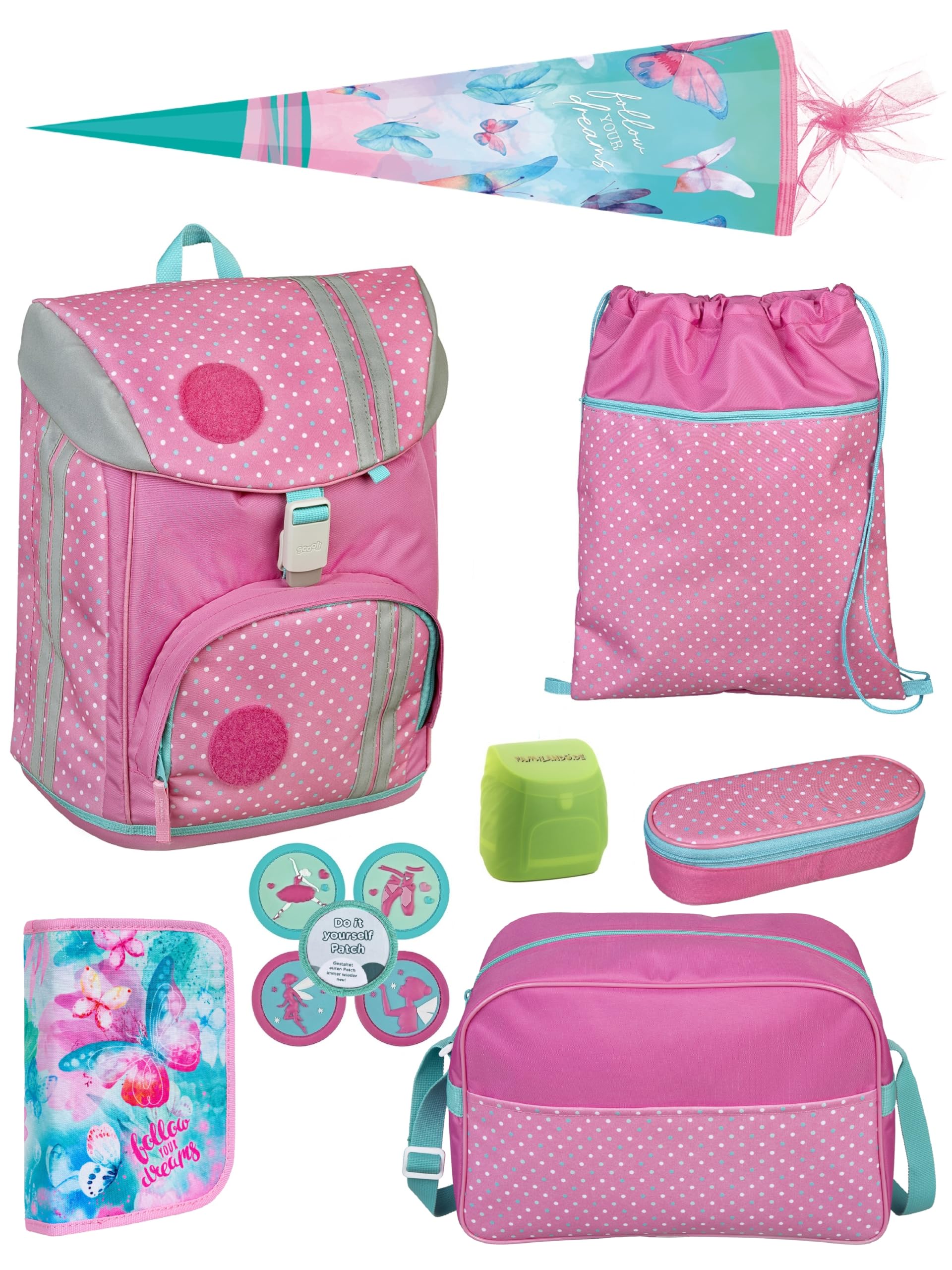 Familando - Scooli Flex MAX Schulrucksack Set 10-teilig - Rosa Türkis mit Kletties - Ergonomisch, stabil & mit gepolstertem Rücken - 980g leicht & wächst mit - 18L Volumen - Ab 1. Klasse