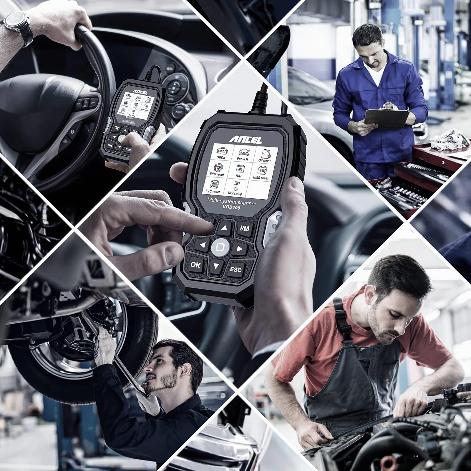 ANCEL VOD700 Máquina de Diagnosis para Coche Volvo, OBD2 Herramienta de Diagnóstico para Sistemas Completos con 12+ Funciones, Lector OBD con Aceite EPB ABS SRS SAS TMPS Bat Bas Reset
