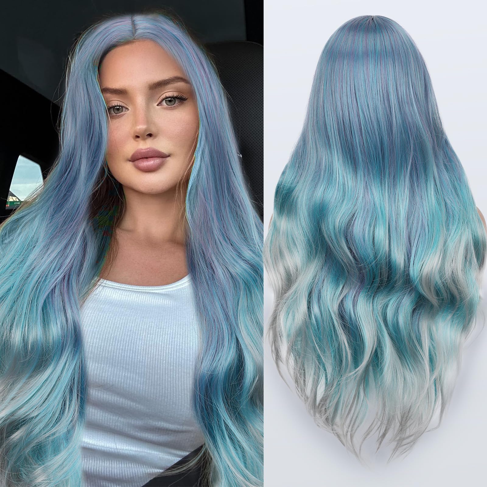 FAVE Mermaid Wig Ombre Blue Wig Mixed Lilac Gray Long Wavy Middle Part Wig Colorful Wigs for Cosplay Party 28Inches Heat Resistant Synthetic Wigs