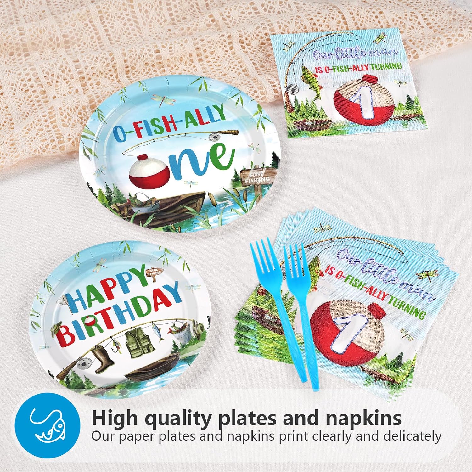 Grencian 96 Pcs Ofishally One Birthday Decorations Gone Fishing 1st Party Plates and Napkins Tableware Set O Fishally One First Birthday Decorations for Boys Little Fisherman 1st Baby Shower Serves 24