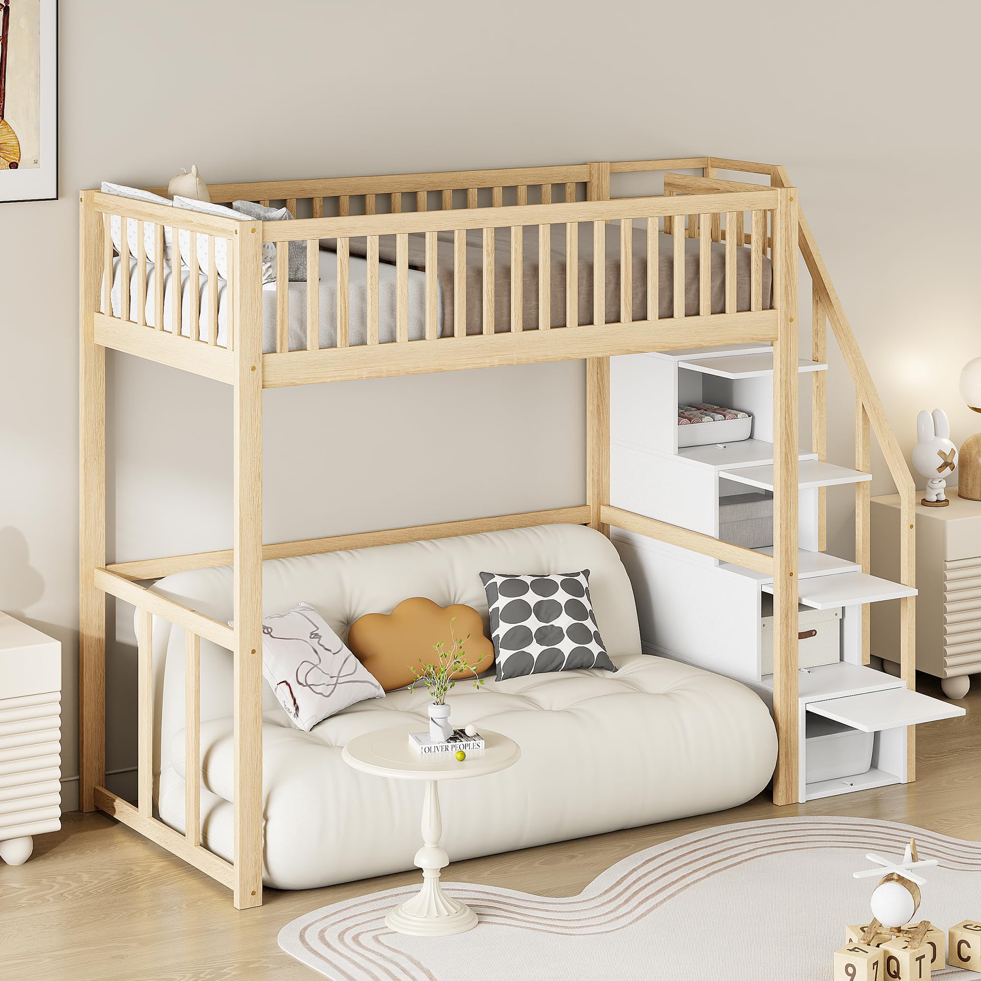 Soweiz Cama alta de 90 x 200 cm con escalera y espacio de almacenamiento, cama de madera con barandilla de seguridad, cama juvenil para niños y jóvenes, litera para dormitorio que ahorra espacio