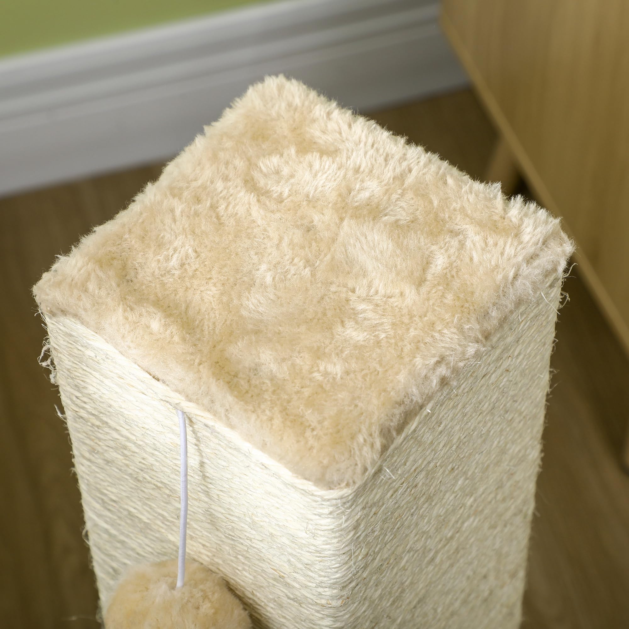 PawHut Poste Rascador para Gatos 79 cm con Bola Colgante, Cascabel y Poste de Yute 59,5x39x79 cm en Beige y Crema